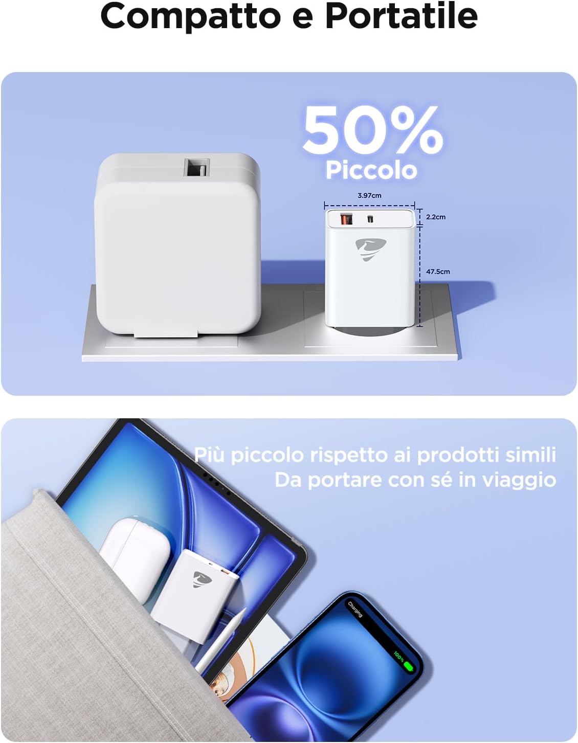 Detalle de Caricatore USB-C 20W a 2 porte 1x USB-C + 1x USB-A – alimentatore compatto per iPhone, Samsung, iPad e molto altro