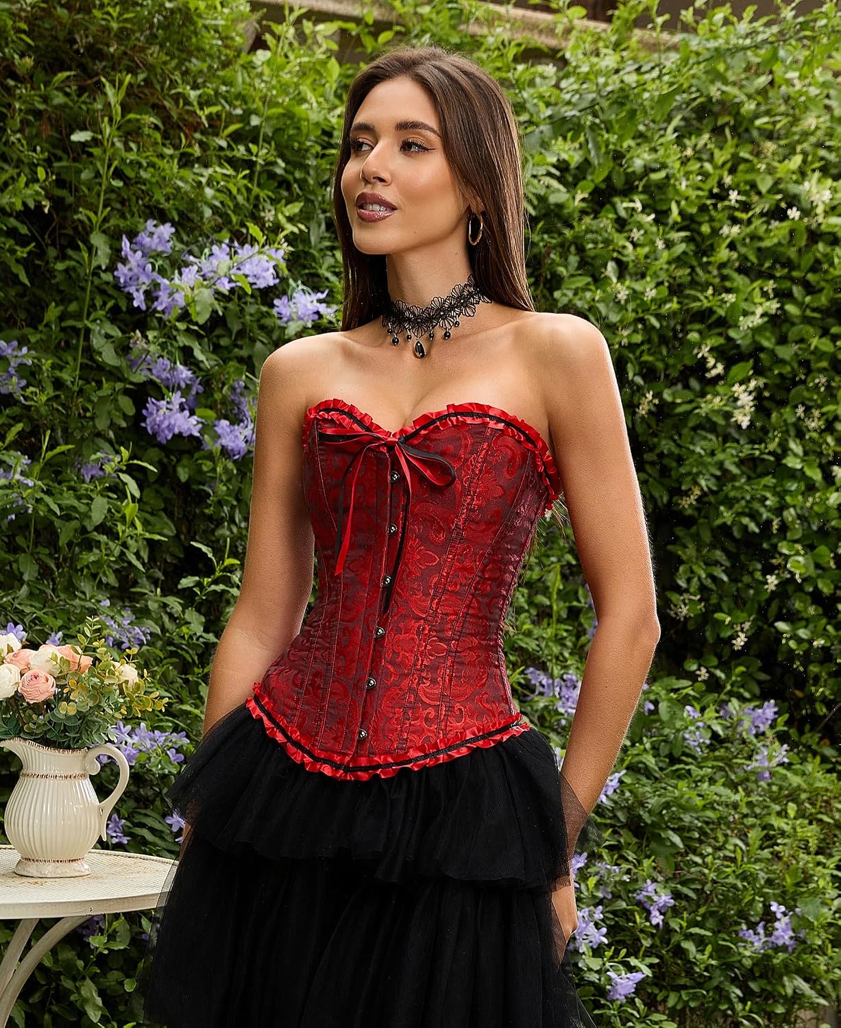 Detalle 2 de SZIVYSHI G819 Black Corset Top for Women, Lace-Waist Push-Up Bodysuit
