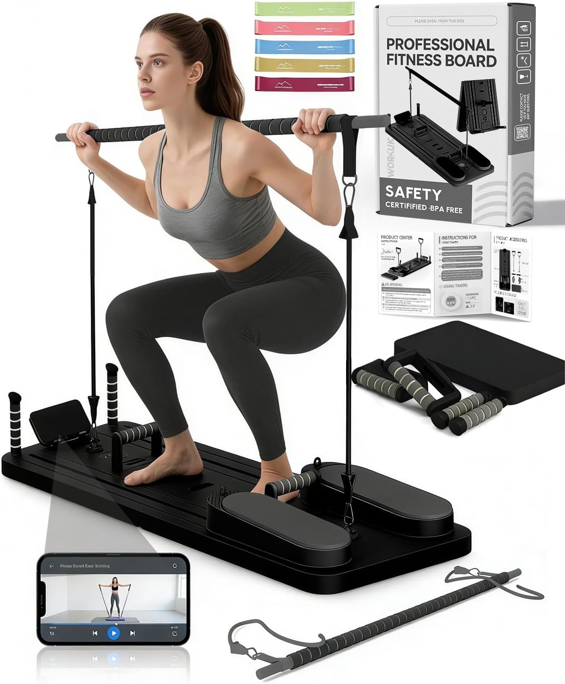 Detalle de AMAZINGHOME Pilates Board with 5 Resistance Bands, 50 lb Tension