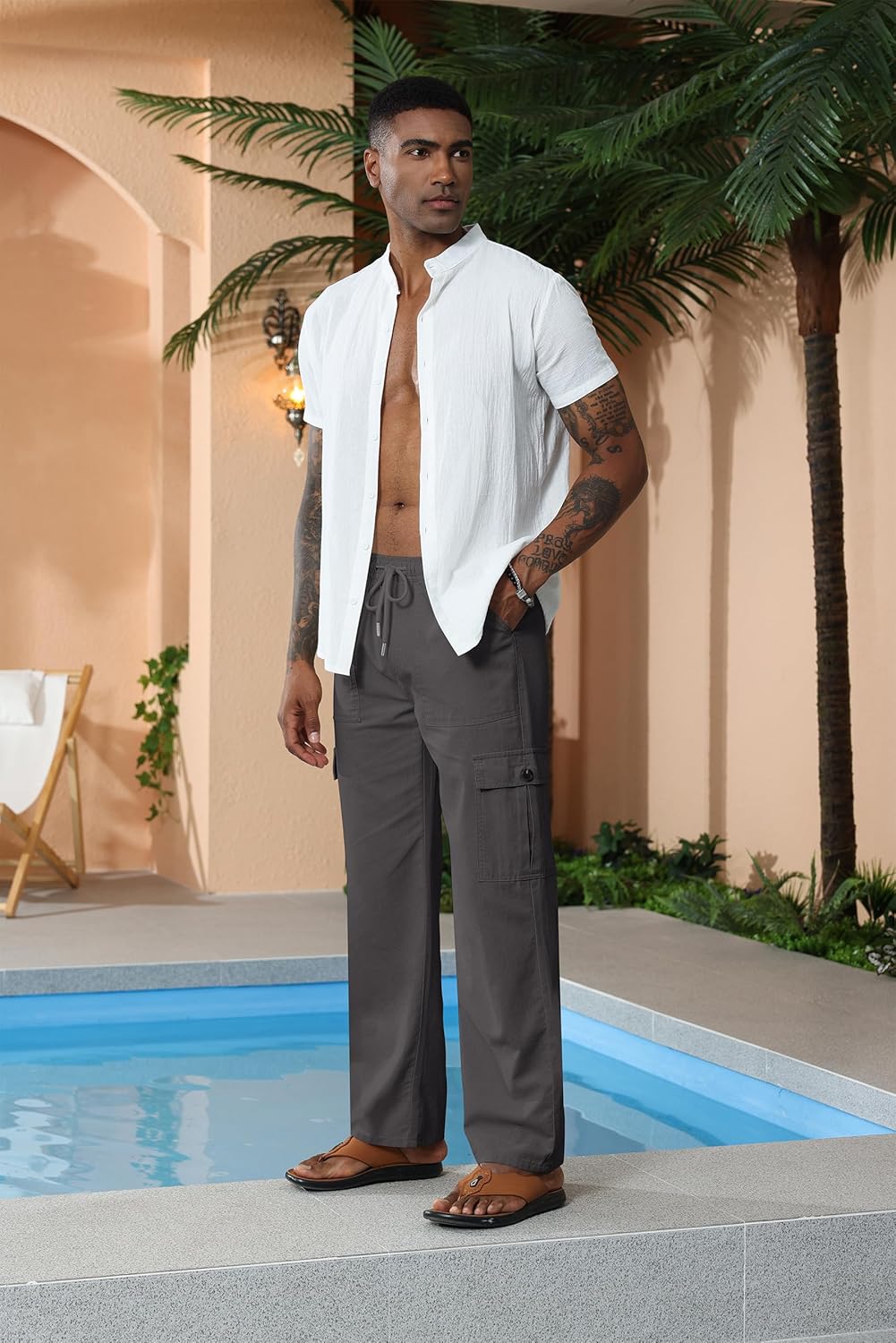 Thumbnail 3 de Breampot Herren Leinenhose Lang – leichte Cargo-Freizeithose aus Leinen-Baumwolle mit Kordelzug