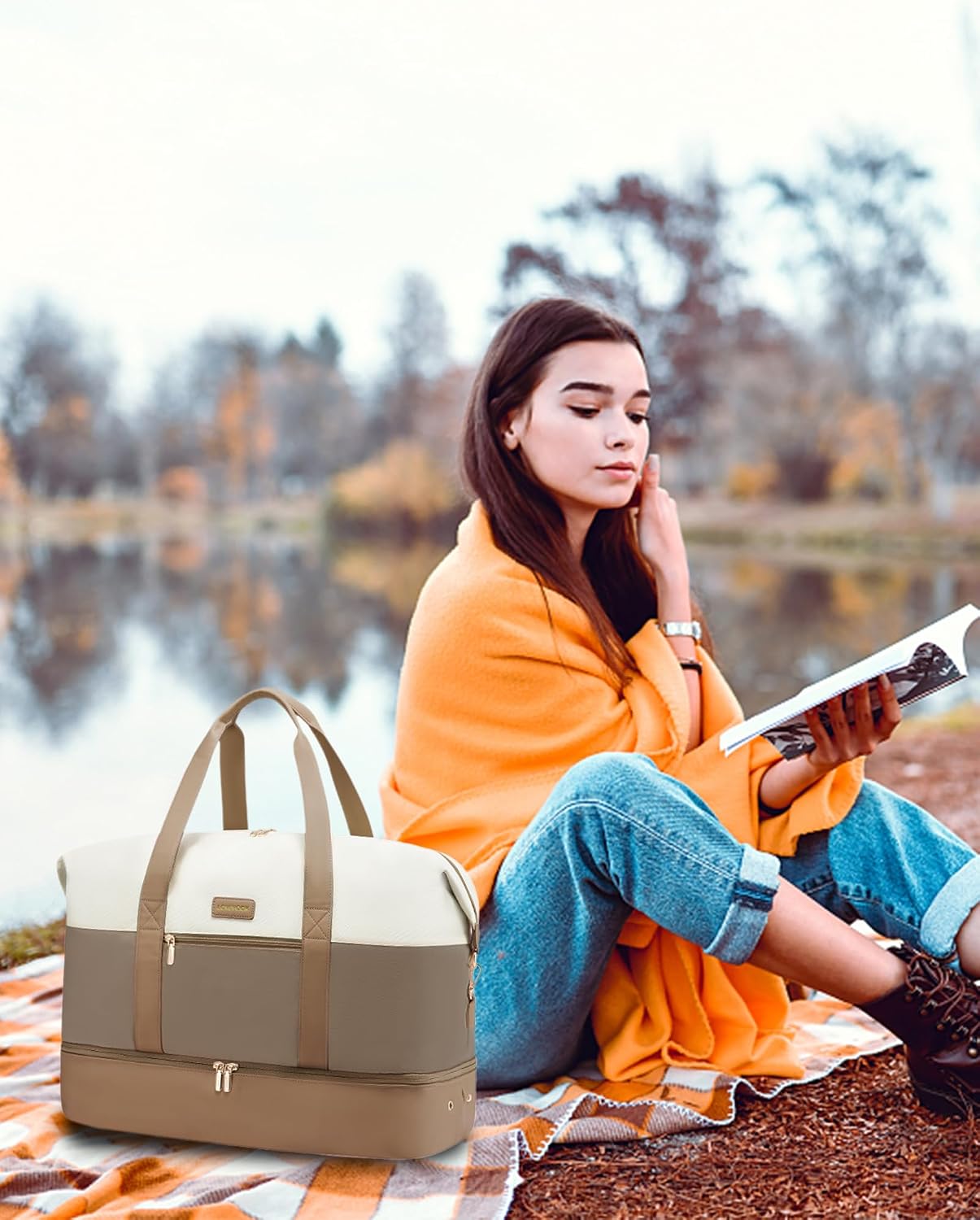 Detalle de LOVEVOOK Reisetasche Damen Weekender Bag 60L – wasserdicht, Schuhfach und Dry/Wet-Trennfach