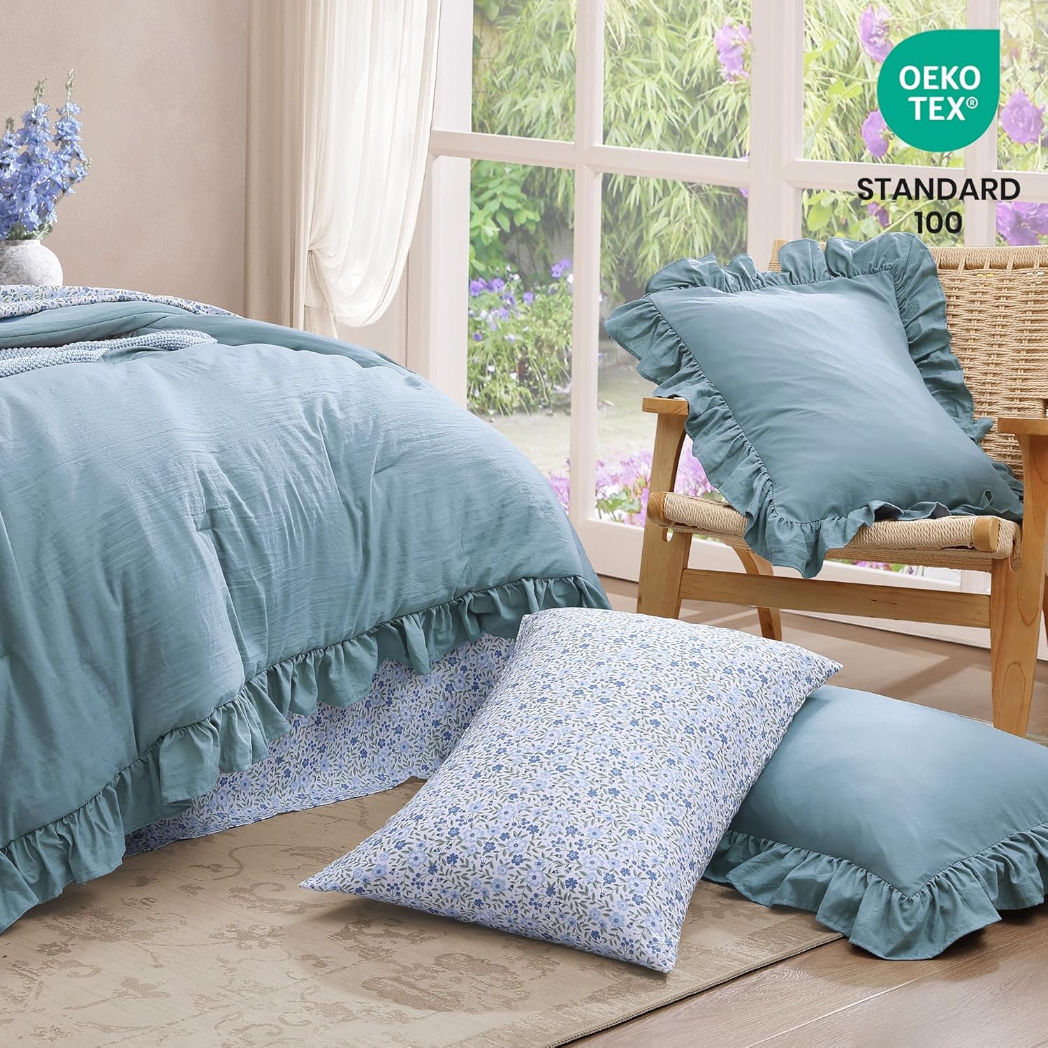 Thumbnail 5 de BLOOMHAVEN Queen Comforter Set – 7 Pieces in Ruffle Blue Floral, Ultra-Soft Microfiber