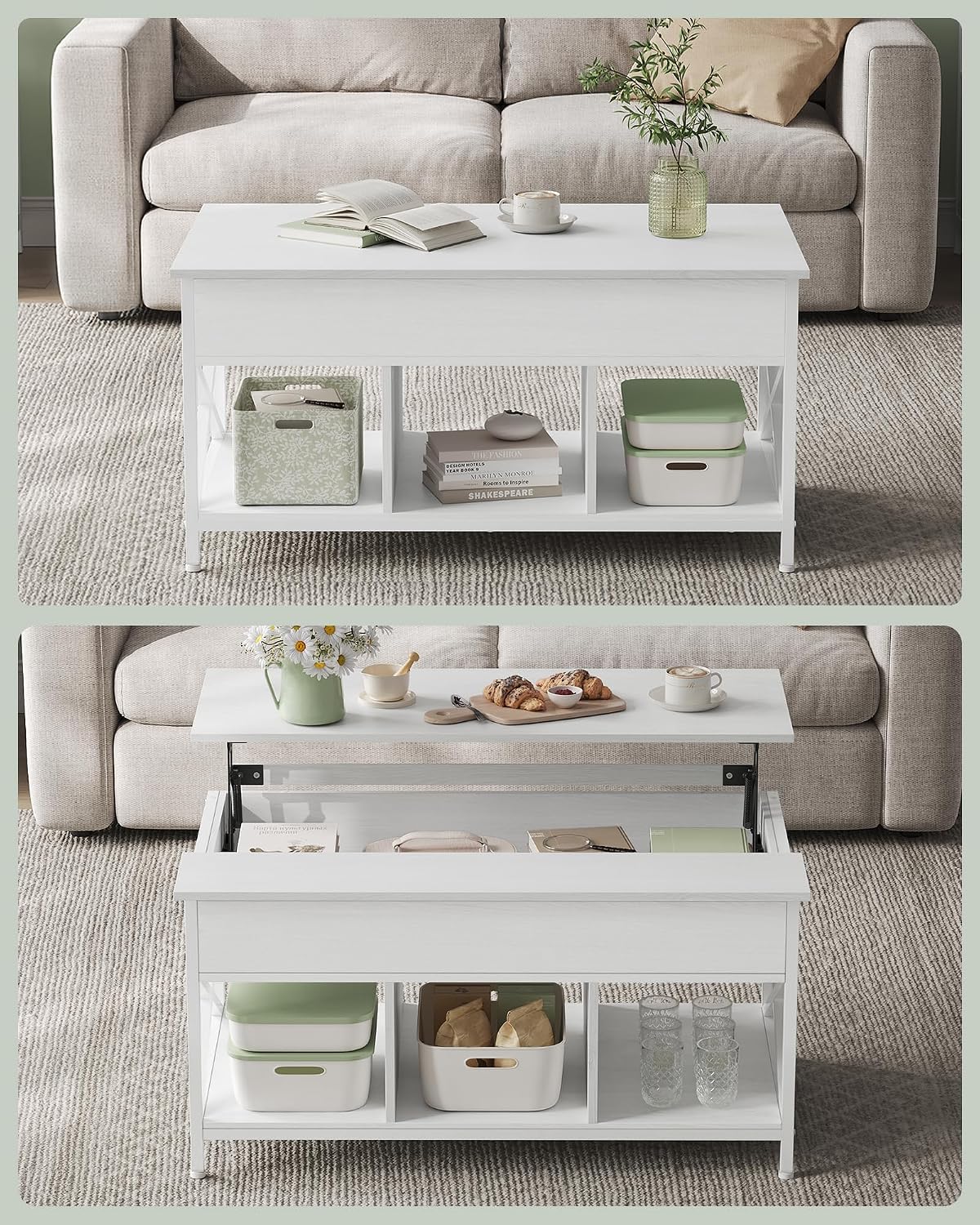 Detalle 2 de VASAGLE LCT205W46 Lift-Top Coffee Table with Storage, Snow White and White
