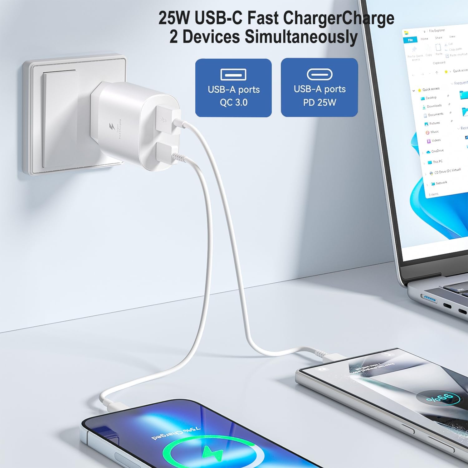 Detalle 2 de 2er Pack USB-C Ladegerät 25W mit 2 Ports – Schnellladen 1x USB-C 25W + 1x USB-A 15W, inkl. Kabel 2 m