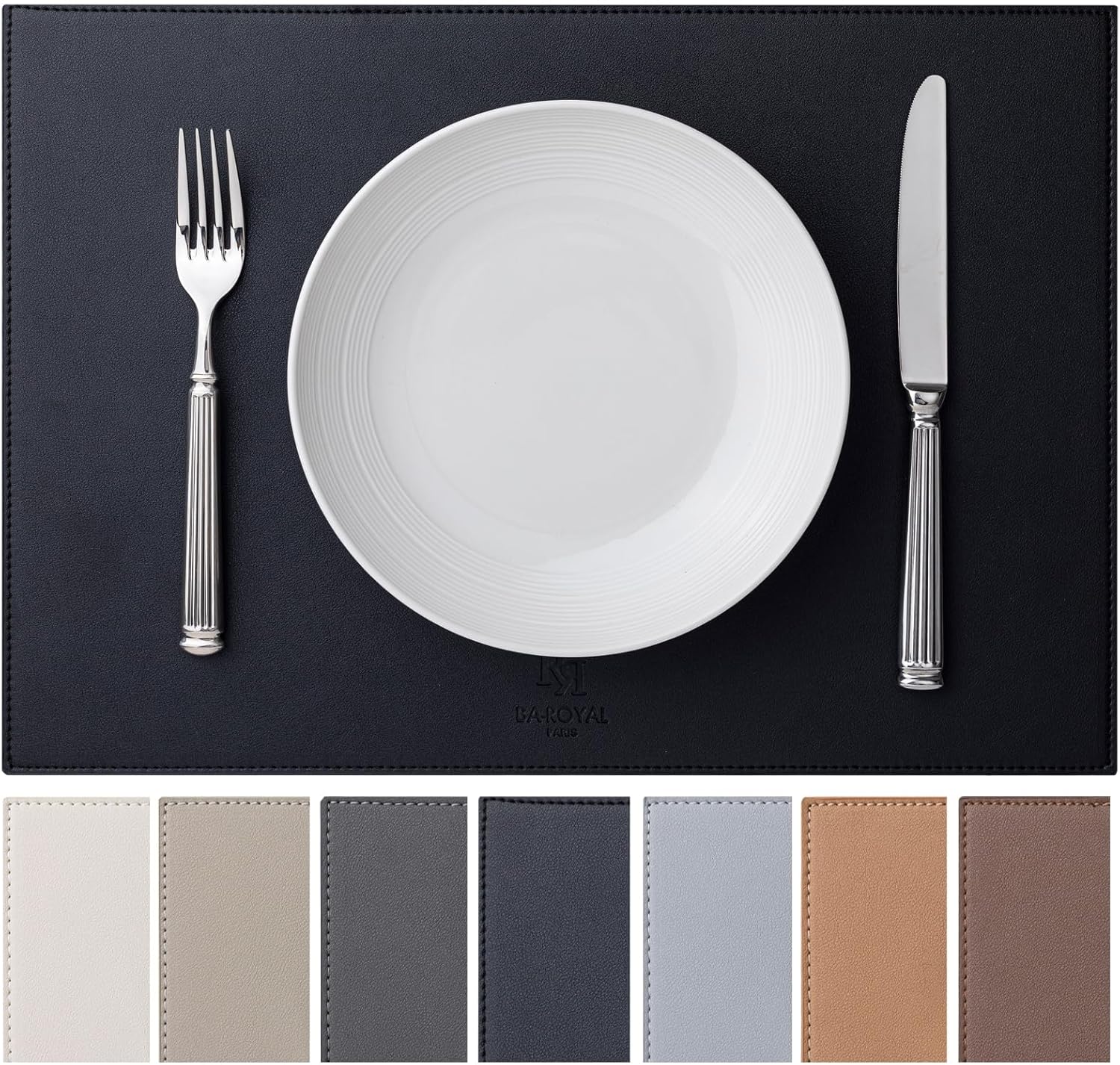 Baroyal Faux Leather Placemats (Set of 6) — Vinyl Washable, Non-Slip, Heat-Resistant Table Mats for Indoor/Outdoor Dining (Black)