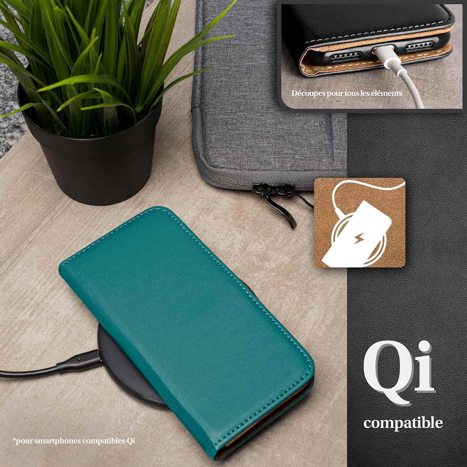 Detalle de moex Étui de protection à rabat pour iPhone 16 — portefeuille durable avec compartiment pour cartes, pliable à 360° et finition cuir synthétique bleu pétrole