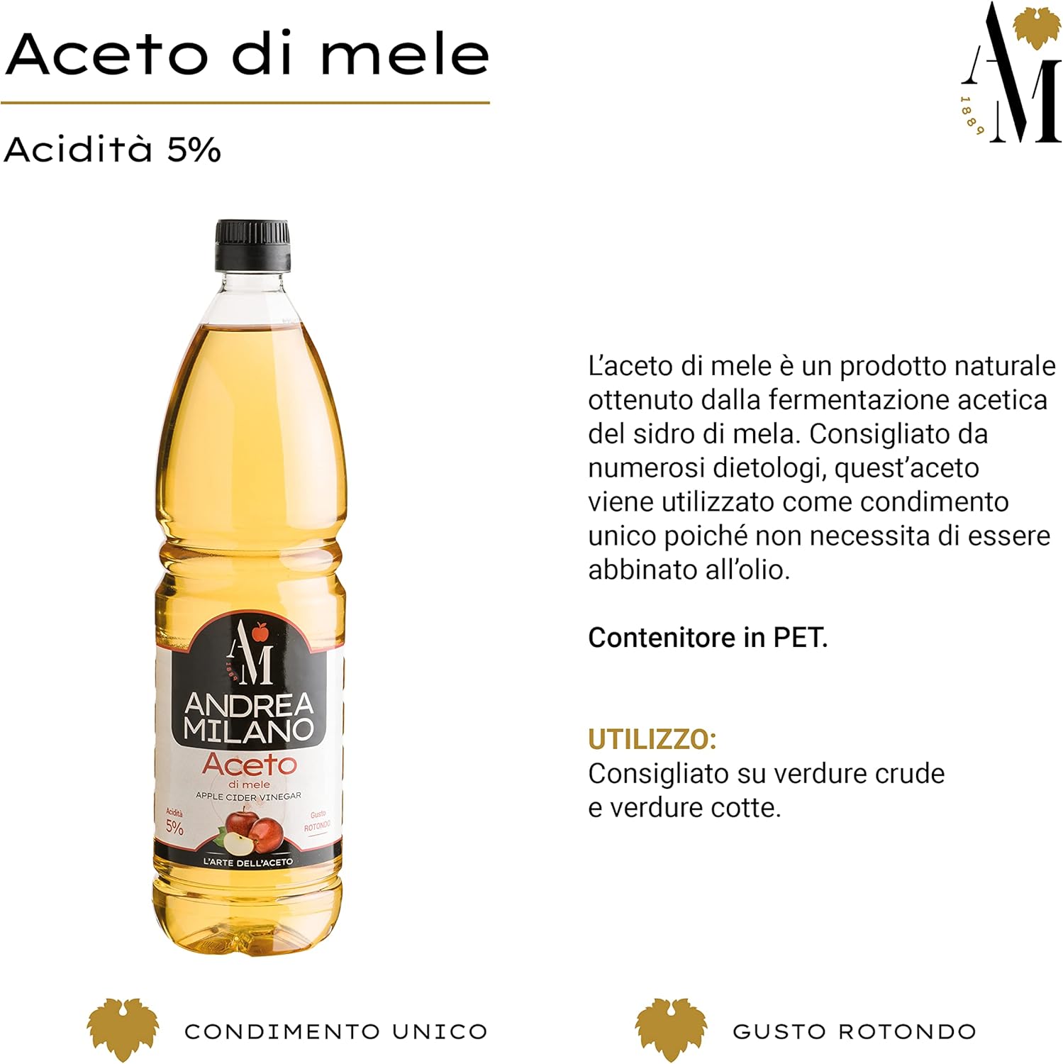 Detalle de Andrea Milano Aceto di Mele 12x1 L — Gusto Delicato e Aromatico, ideale con verdure cotte e crude