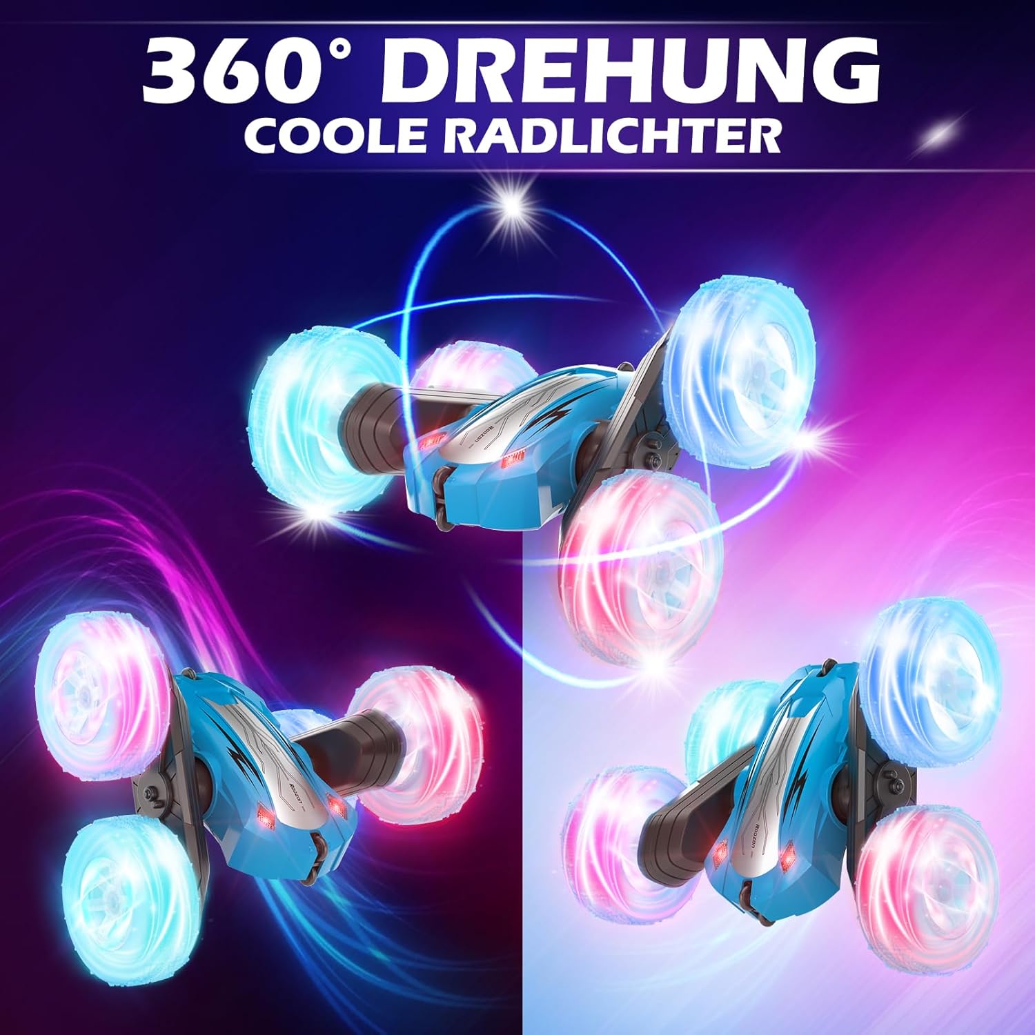 Detalle de Rodzon Ferngesteuertes Auto 360° Flip – LED-Räder, 2.4 GHz, ab 6 Jahren, Blau