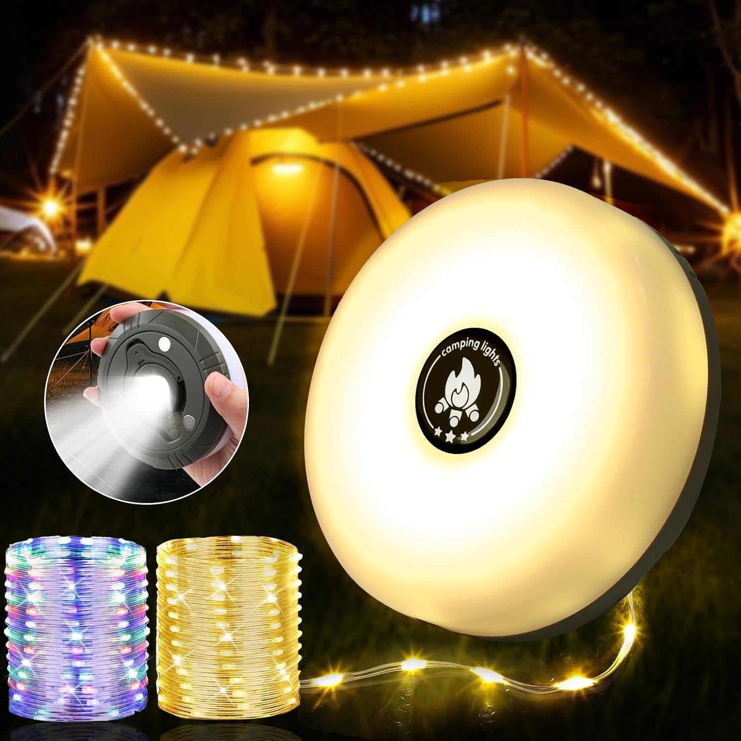 Detalle de Camping Lichterkette Aufrollbar & Wasserdicht – 10 m, 8 Beleuchtungsmodi, 2500 mAh Powerbank, USB-Aufladung – Ideal fürs Zelt, Garten & Festival