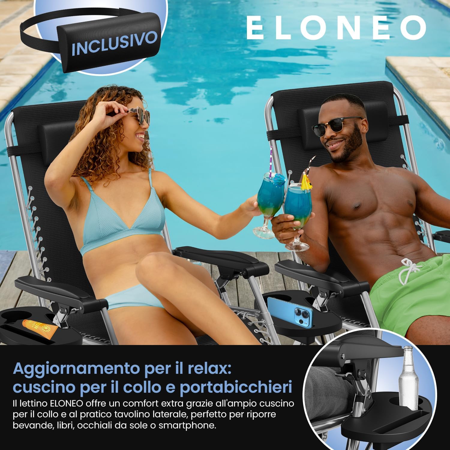 Detalle de ELONEO Sedia a sdraio pieghevole con cuscino premium: comfort, versatilità e resistenza per il giardino