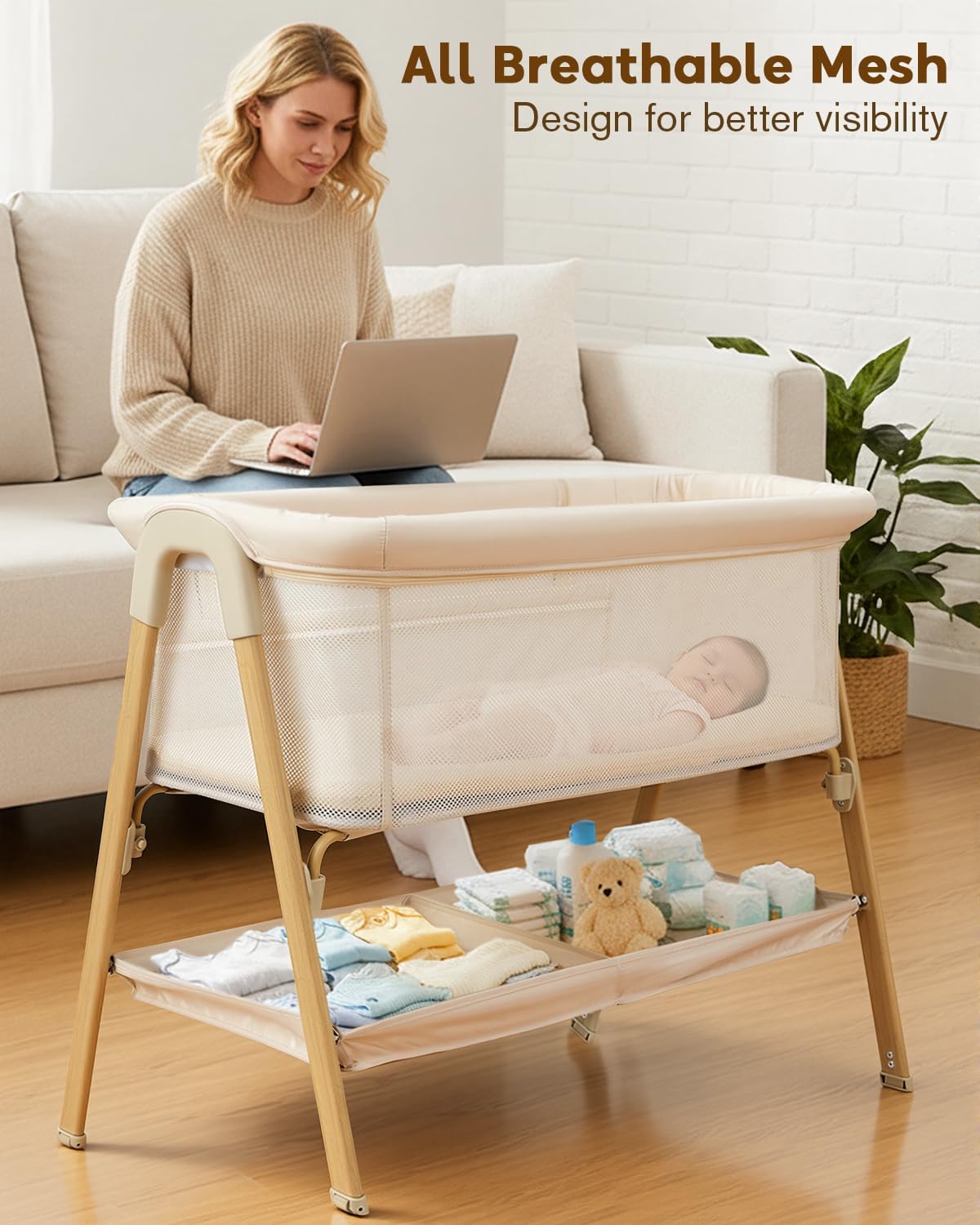 Thumbnail 4 de JevrJeur 662 Baby Bassinet, Beige Bedside Sleeper with Mesh Sides