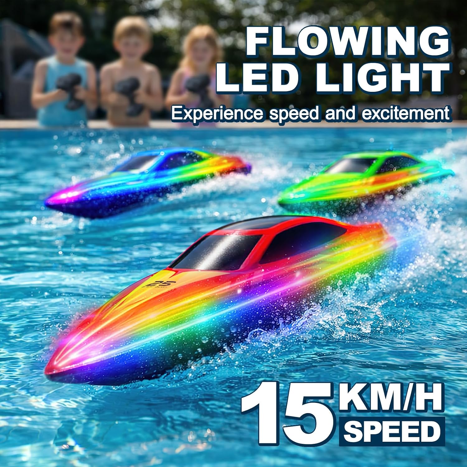 Thumbnail 1 de Ferngesteuertes Boot mit LED-Beleuchtung Blau – 2 Akkus, 7 Lichtmodi, 2,4 GHz, bis 15 km/h