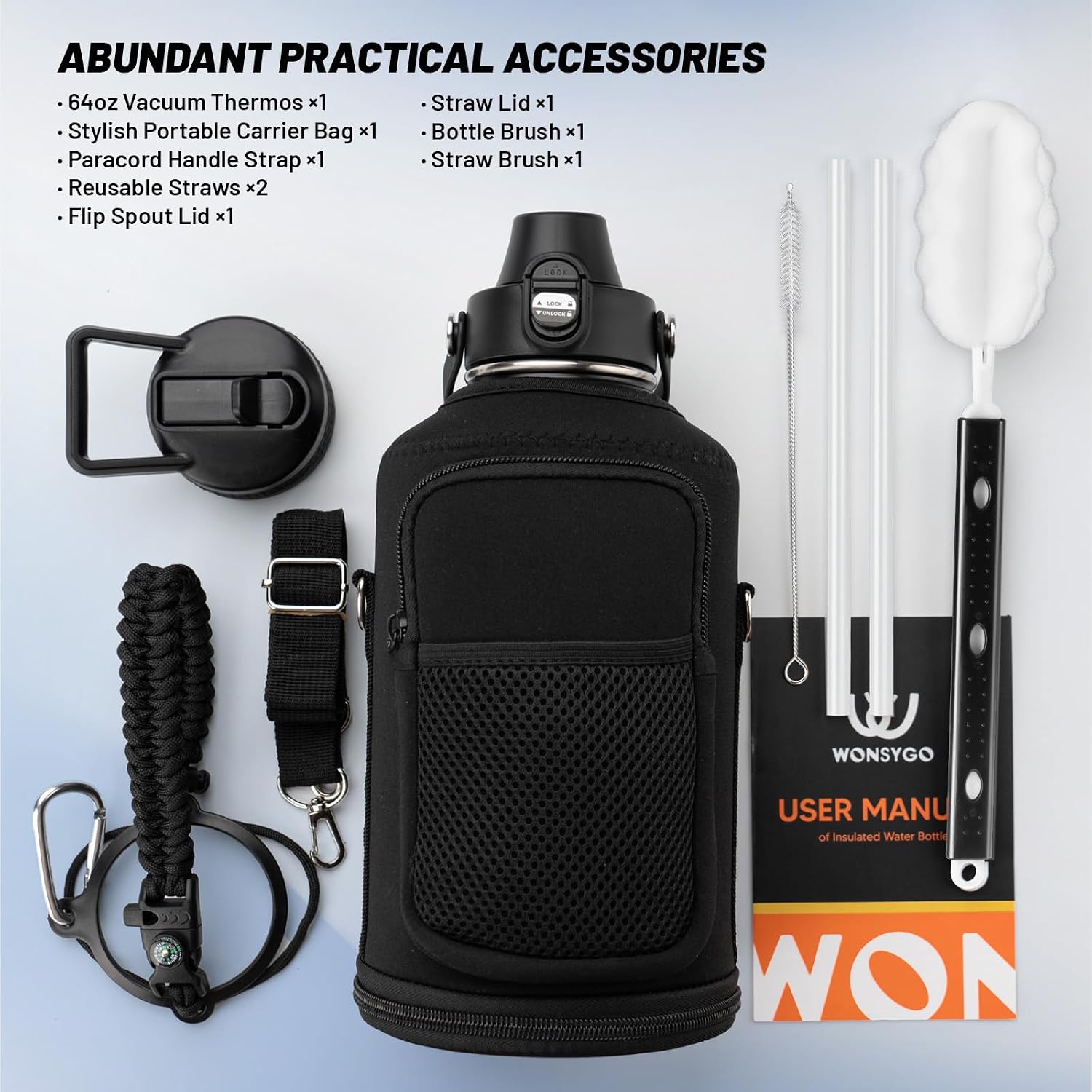 Thumbnail 2 de WONSYGO 64-BK01 Insulated Water Bottle, 64 oz Stainless Steel