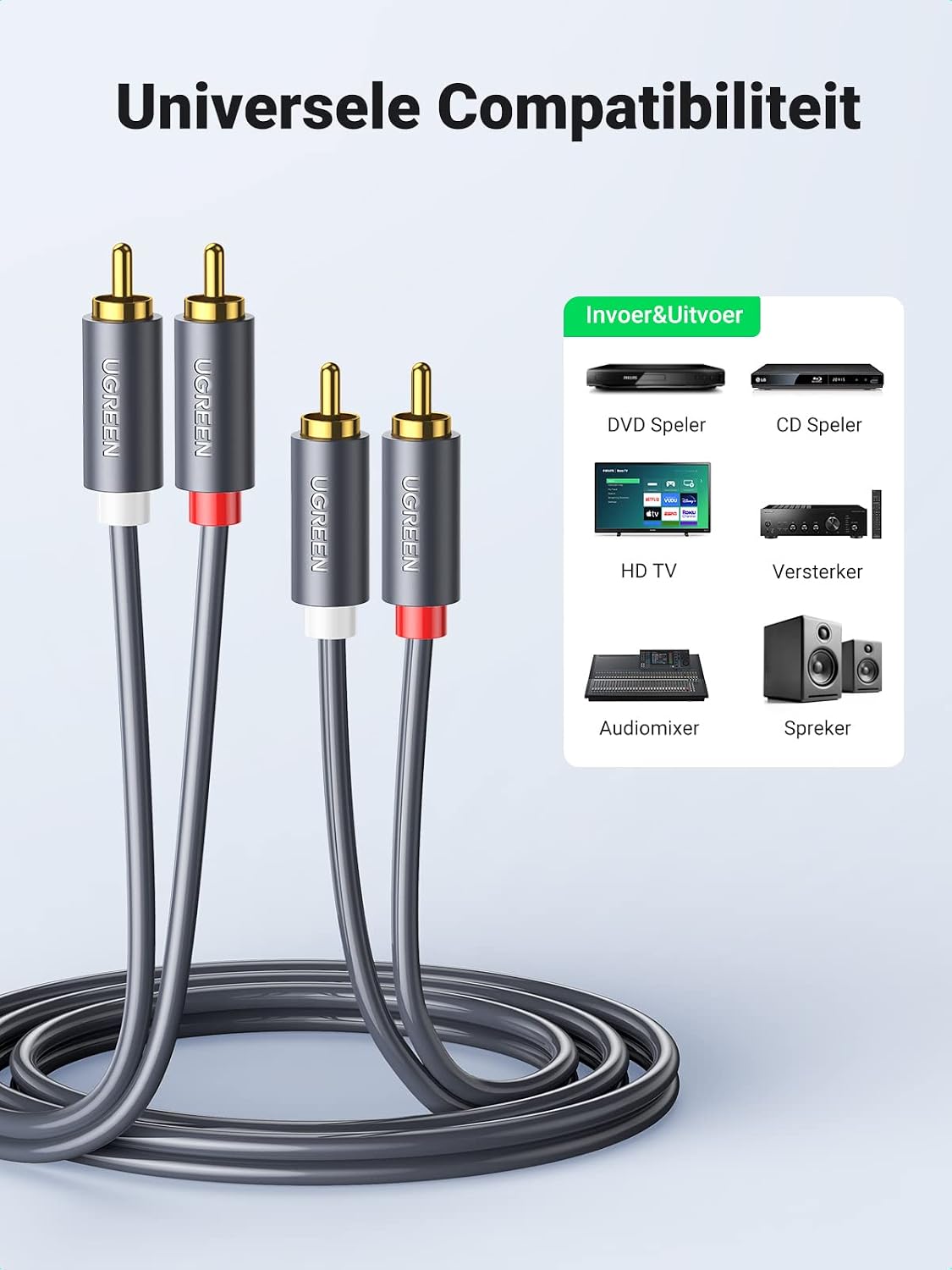 Detalle de UGREEN stereo-audiokabel 2RCA naar 2RCA, 2 m, vergulde stekkers