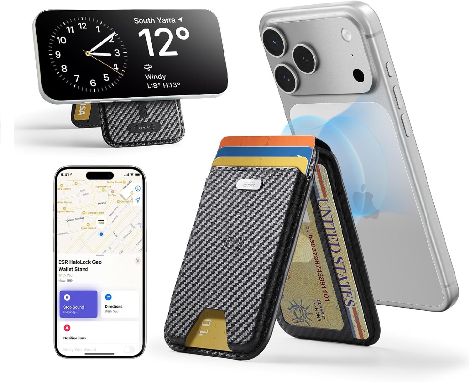 Detalle de ESR Geo for MagSafe Wallet with Find My – 5 Card, RFID Blocking, Black Carbon Fiber (iPhone 12–17 Series, Not for 13/12 mini)