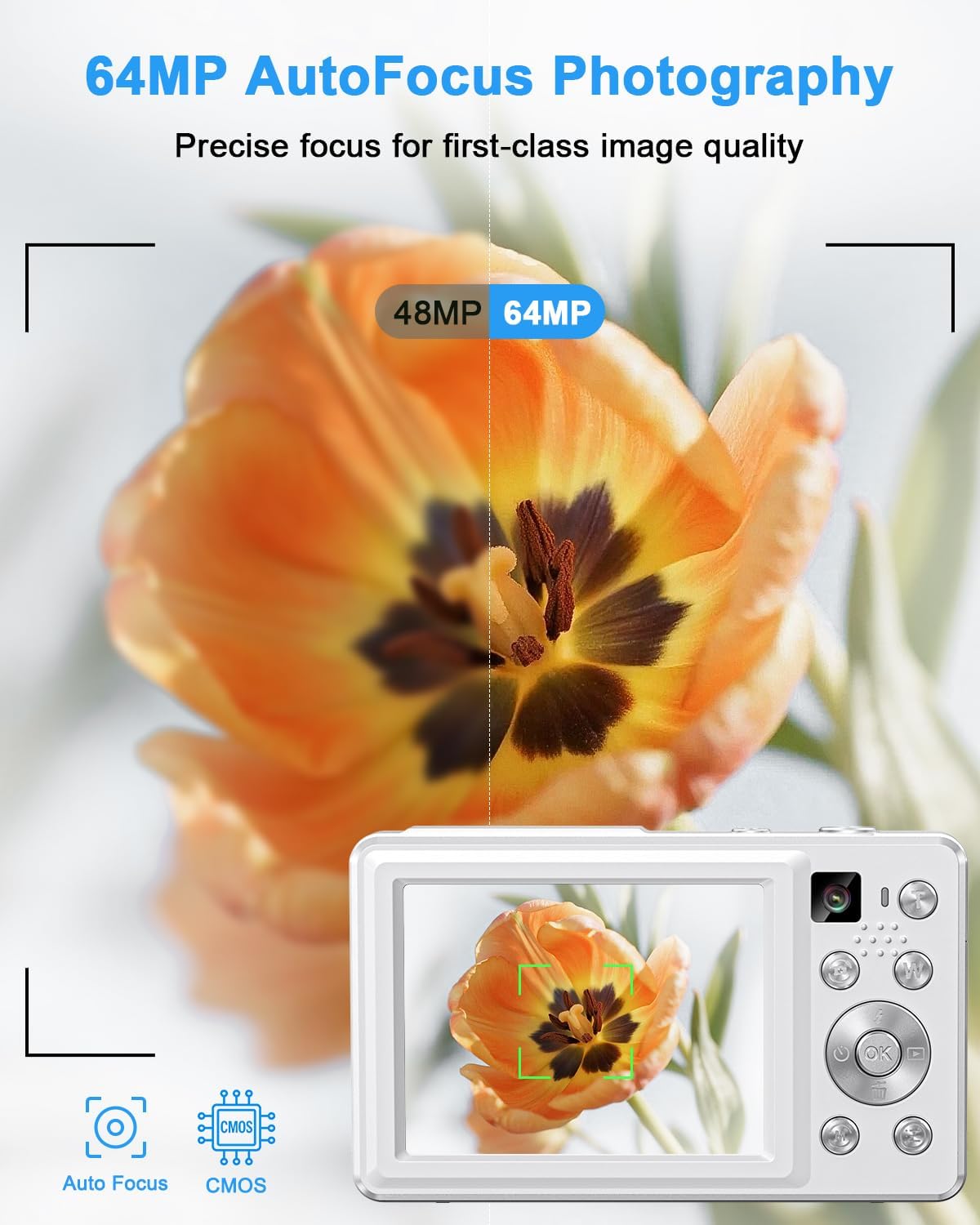 Detalle 2 de 4K Digital Camera (64MP Autofocus Point-and-Shoot) with Front & Rear Vlogging Cameras, Flash, 16X Zoom, 32GB Card