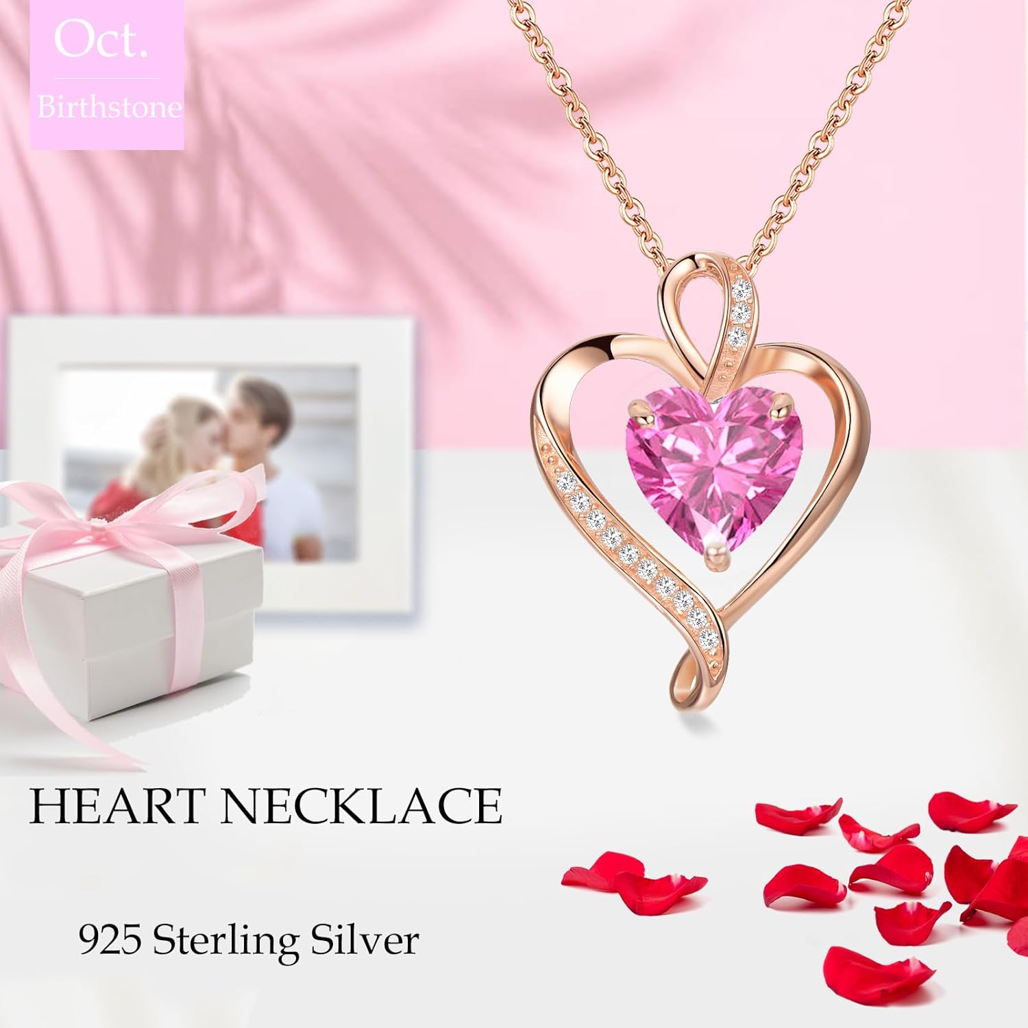 Thumbnail 1 de LAVUMO Collier Coeur pour Femme en Argent Sterling 925 et Or Rose – Pendentif Amour 8x8 mm avec Zircons