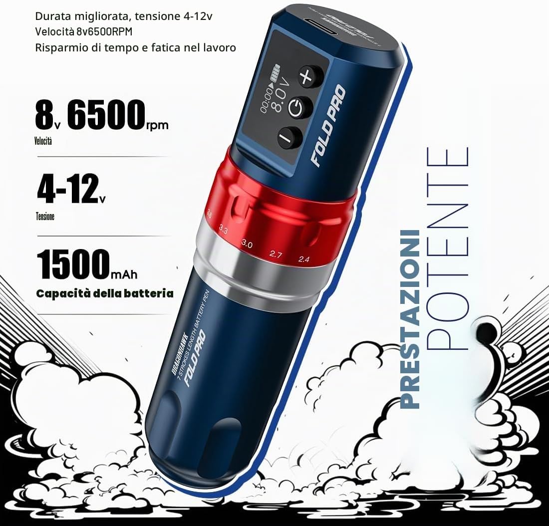 Detalle 2 de Dragonhawk Fold Pro Wireless Tattoo Maschine Pen – Stilo, Potenza e Versatilità
