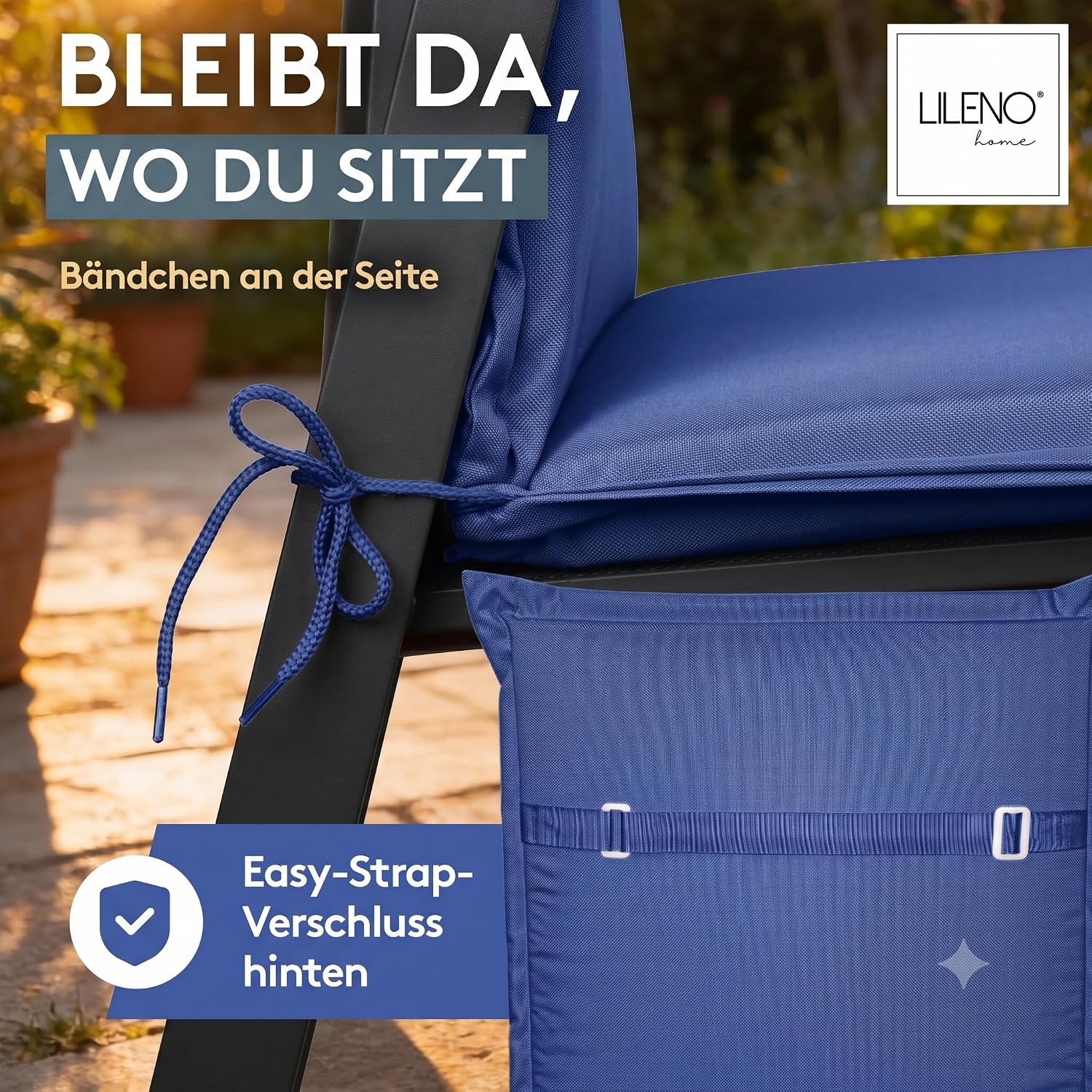 Detalle de LILENO HOME Gartenstuhl Auflagen 2er Set Hochlehner Blau Uni – Bequeme Sitzauflagen für Gartenmöbel