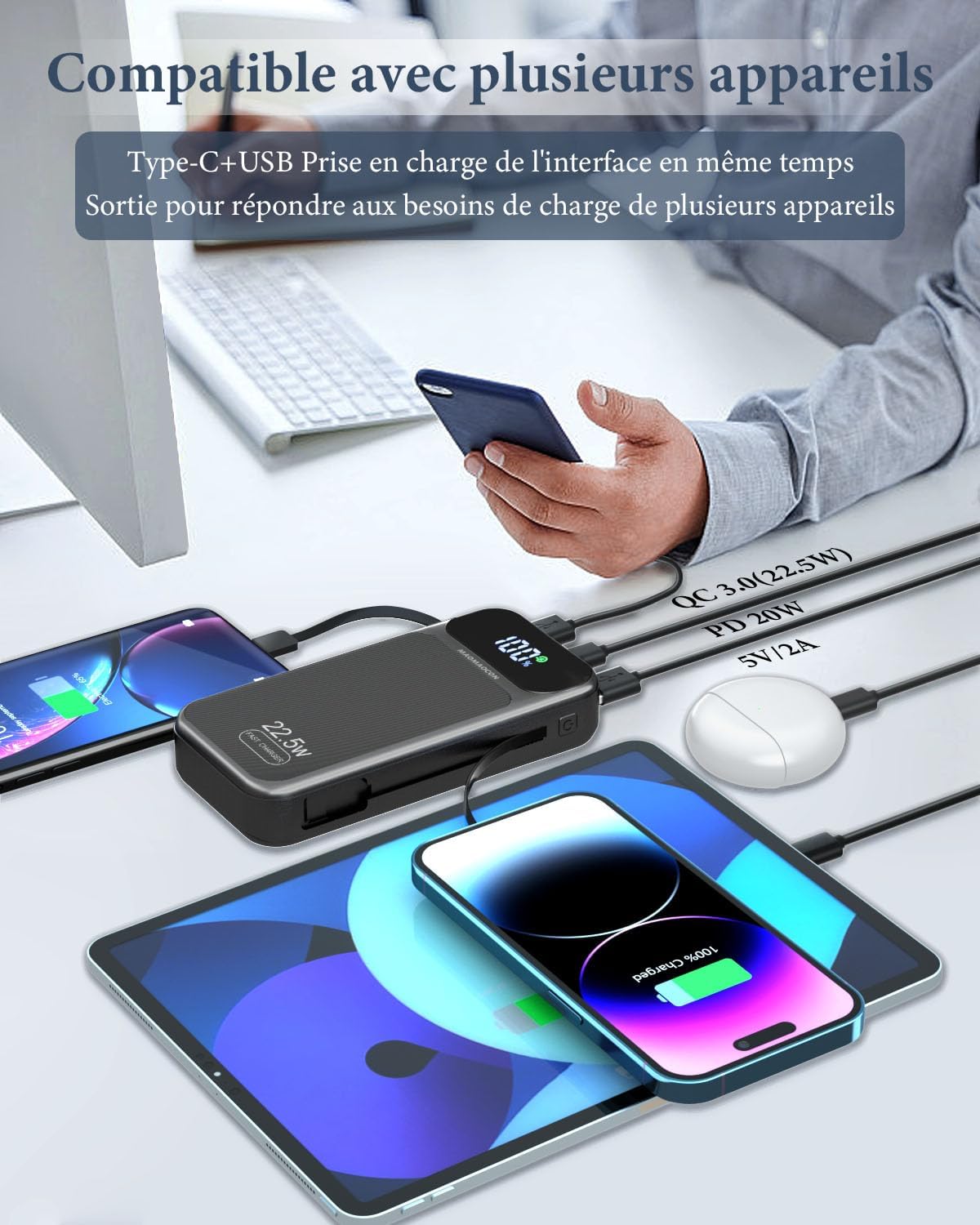 Detalle 1 de Power Bank 25800mAh 22,5W PD3.0 QC4.0 de zamxueyo — charge rapide avec écran LCD et câble USB-C intégré
