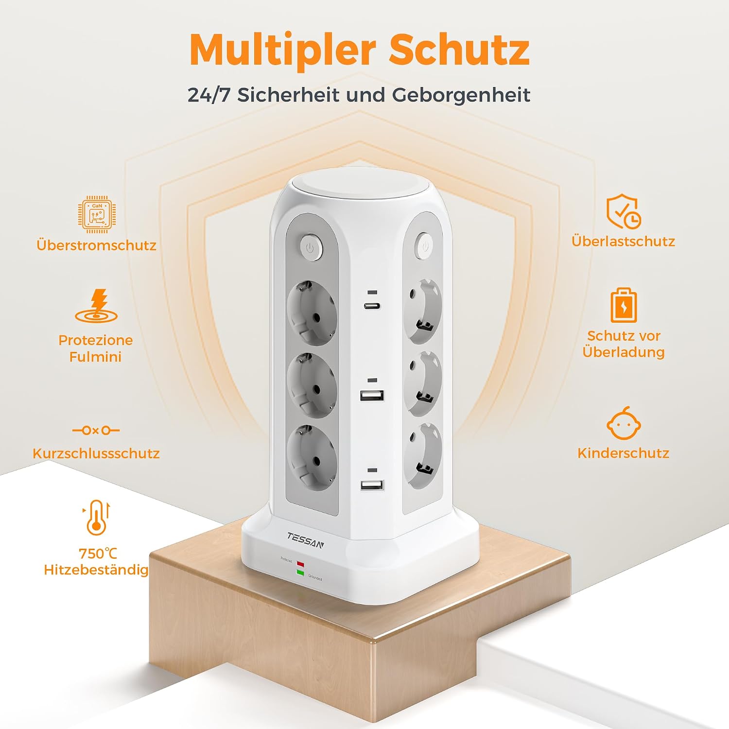 Detalle 2 de TESSAN 12-fach Mehrfachsteckdose mit USB-C 2M Verlängerung