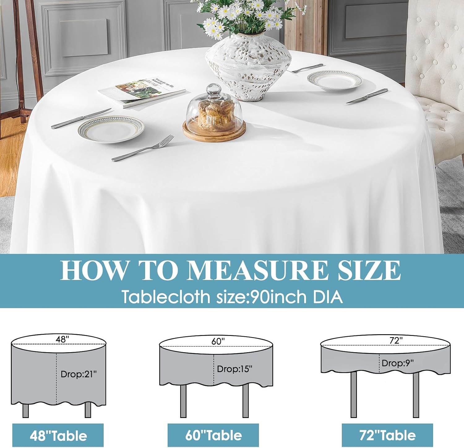 Thumbnail 1 de VidaFete 6-Pack 90-Inch Round Polyester Tablecloth (White) — Stain-Resistant, Wrinkle-Resistant Table Cover