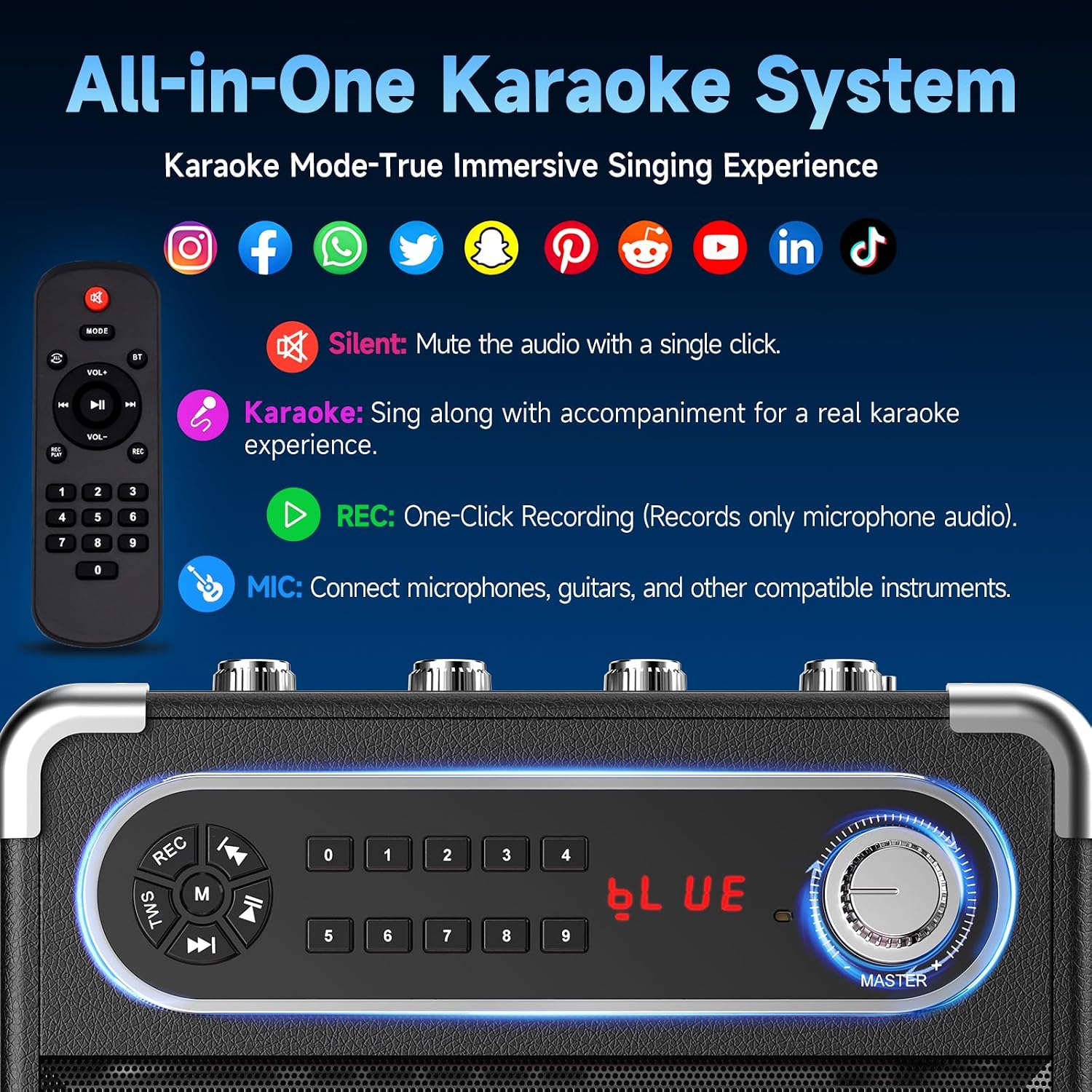 Detalle 2 de HWWR S55 Karaoke Machine, 200W Peak, Wood Cabinet, Dual Wireless Mics
