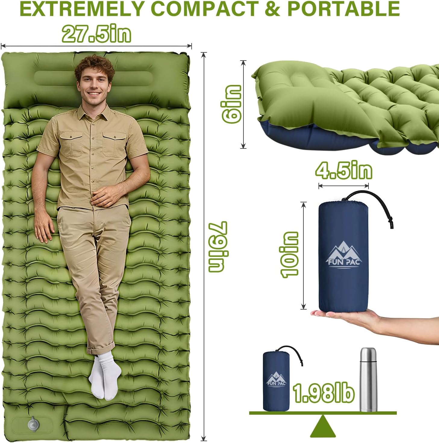 Detalle 2 de FUN PAC Camping Sleeping Pad (Self-Inflating) w/ Built-in Foot Pump and Pillow, Single, Green