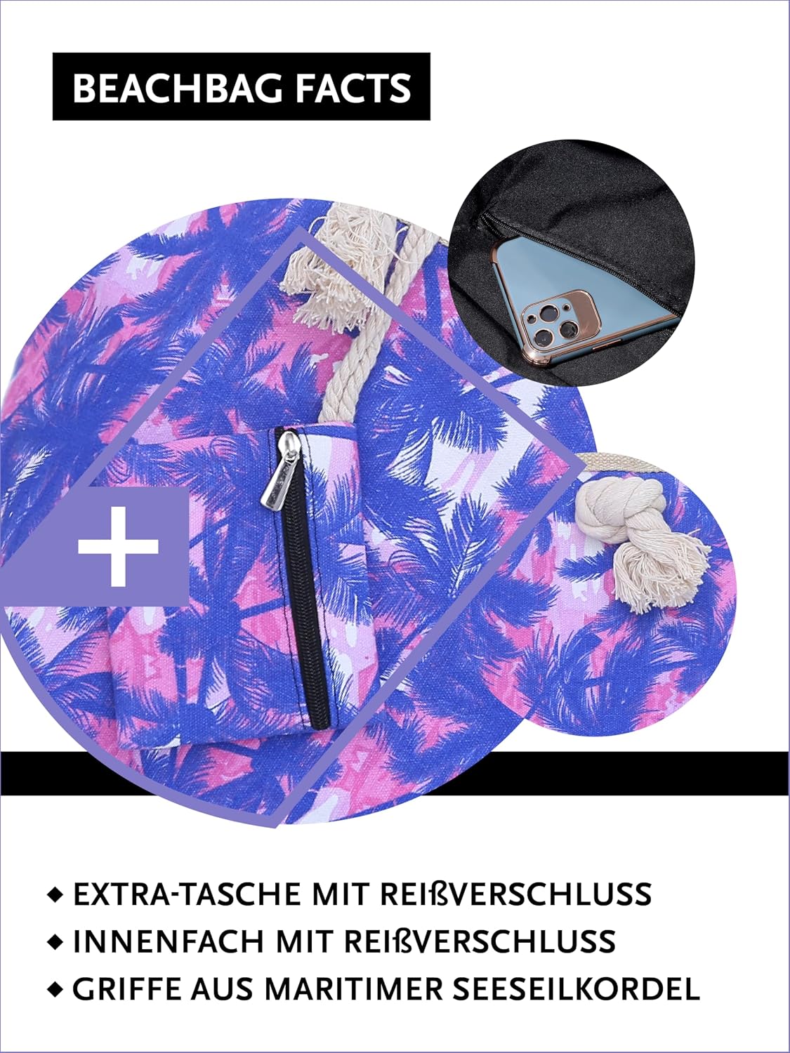 Detalle 1 de DonDon Strandtasche XXL mit Reißverschluss 58 cm