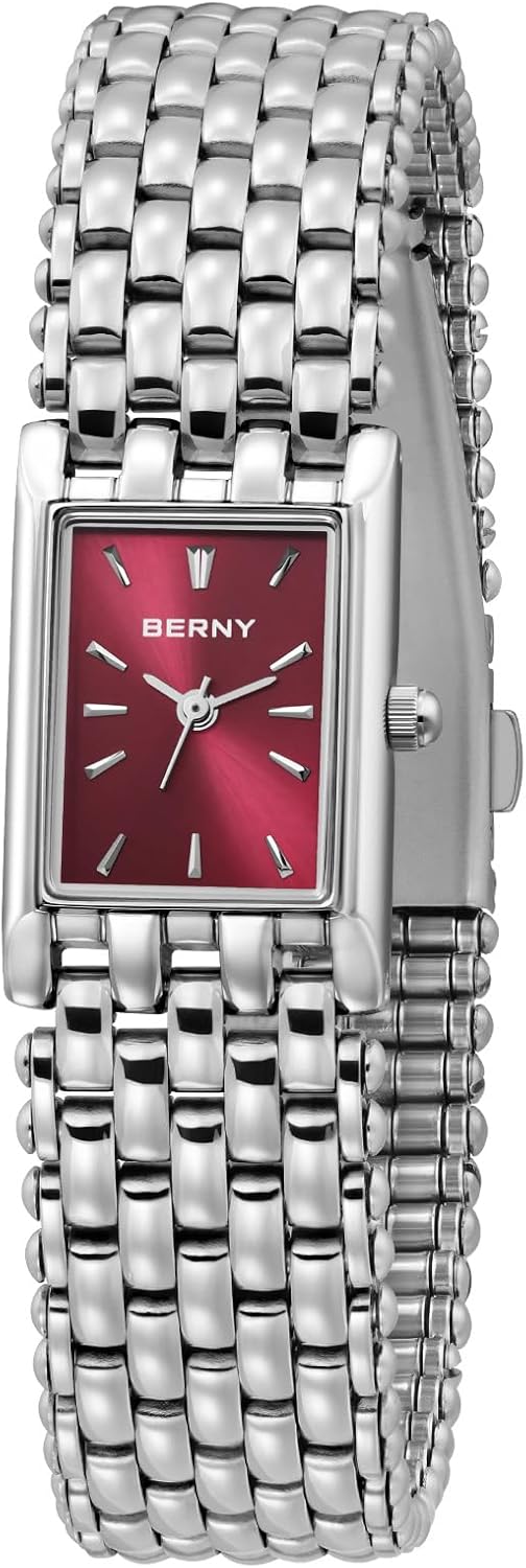 Detalle de BERNY Damenuhren Elegante Quarz-Uhr aus Edelstahl – Vintage-Silber mit rechteckigem Gehäuse