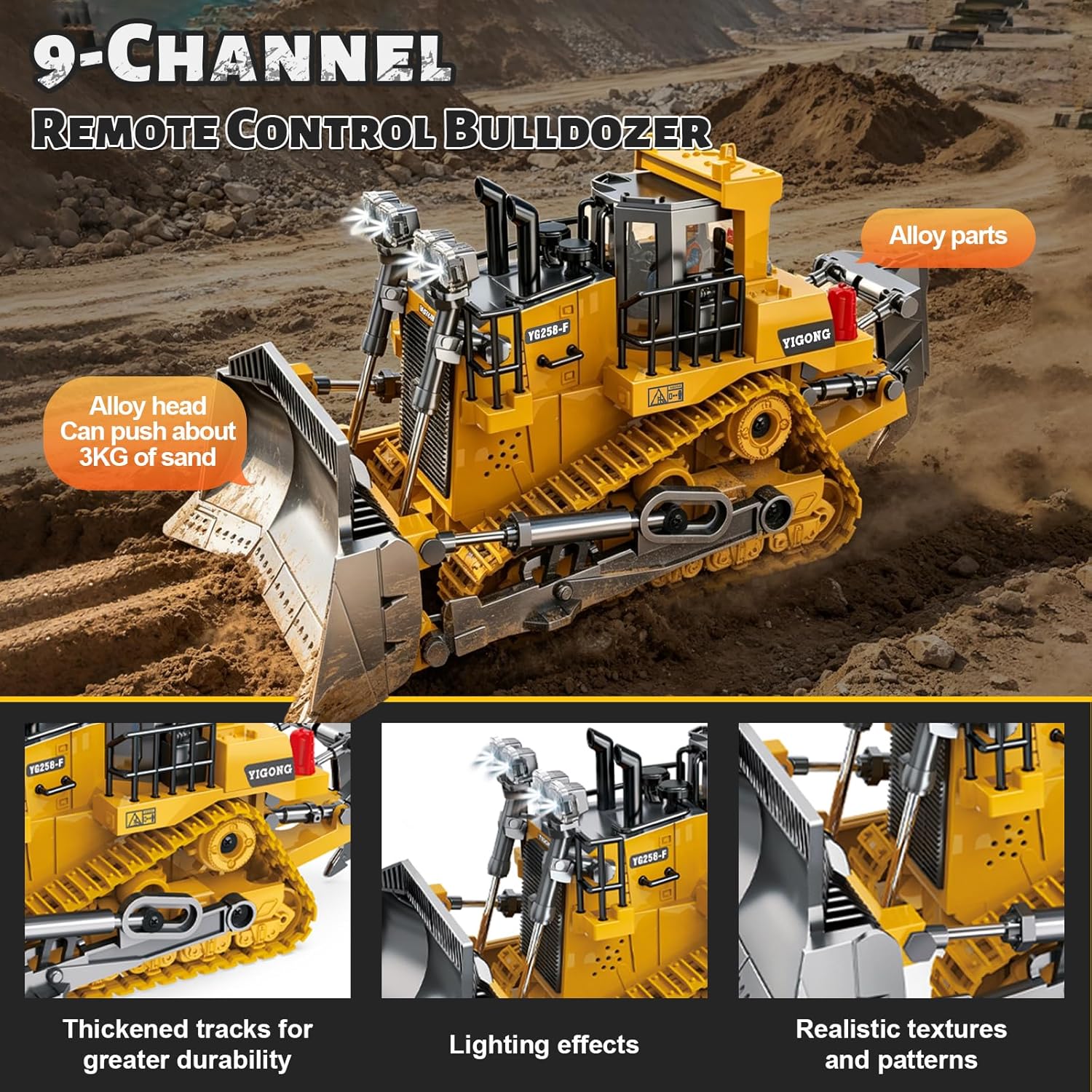 Detalle de ADTHLIER 1:20 RC Bulldozer with Lights & Sound (9-Channel, 2.4GHz)