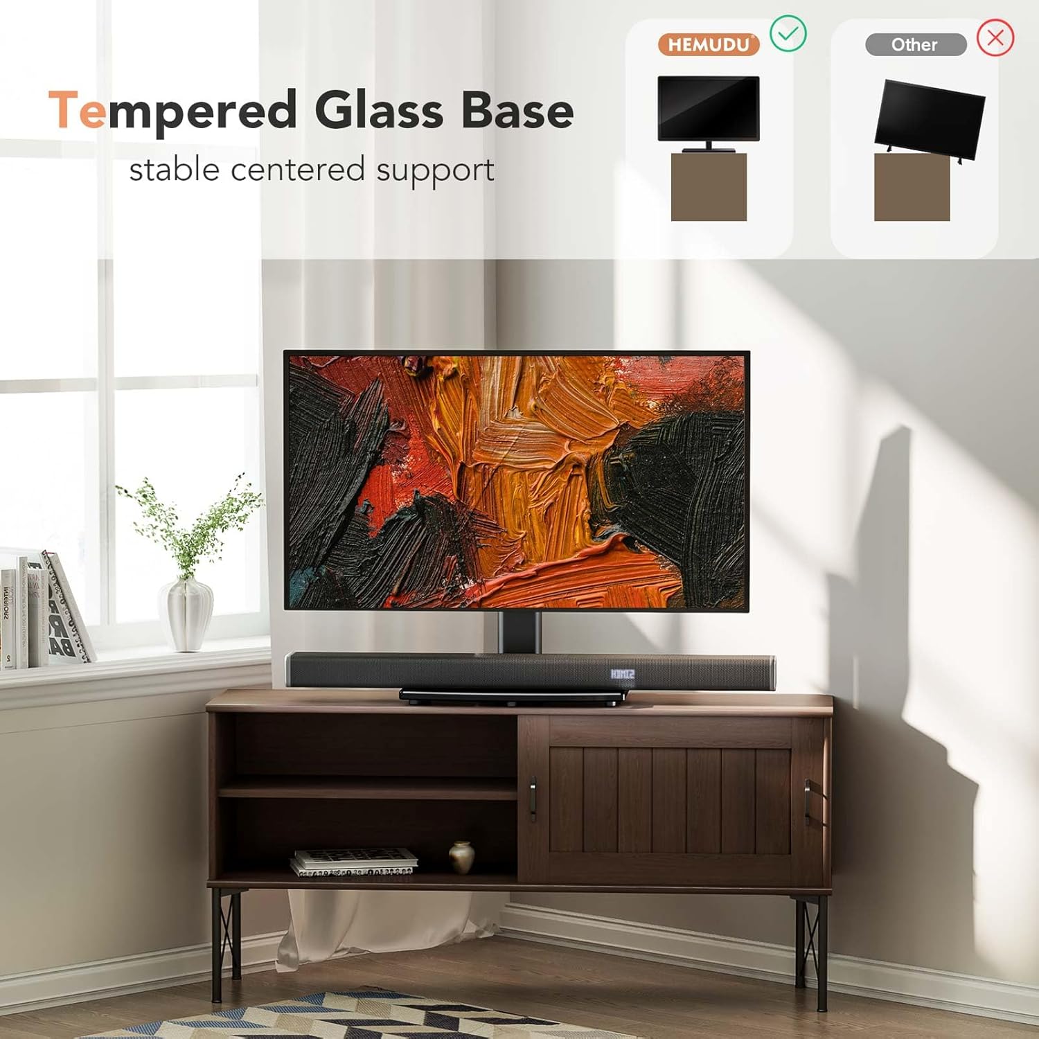 Detalle de Universal Schwenk TV Ständer/Fuß – Tischstandfuß für 21–43 Zoll TVs (bis 45 kg) mit 90° Schwenk, 4-stufiger Höhenverstellung und Glasboden
