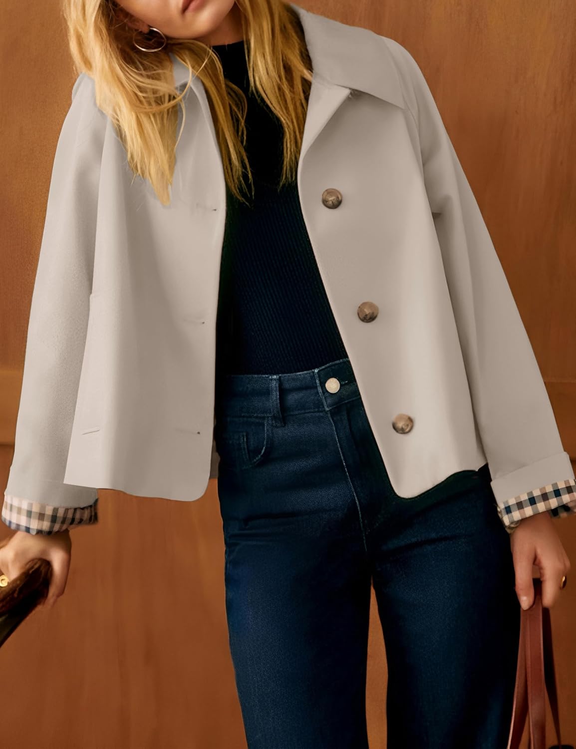Detalle de Dqbeng Women's Short Trench Jacket with Plaid Lining and Button Front
