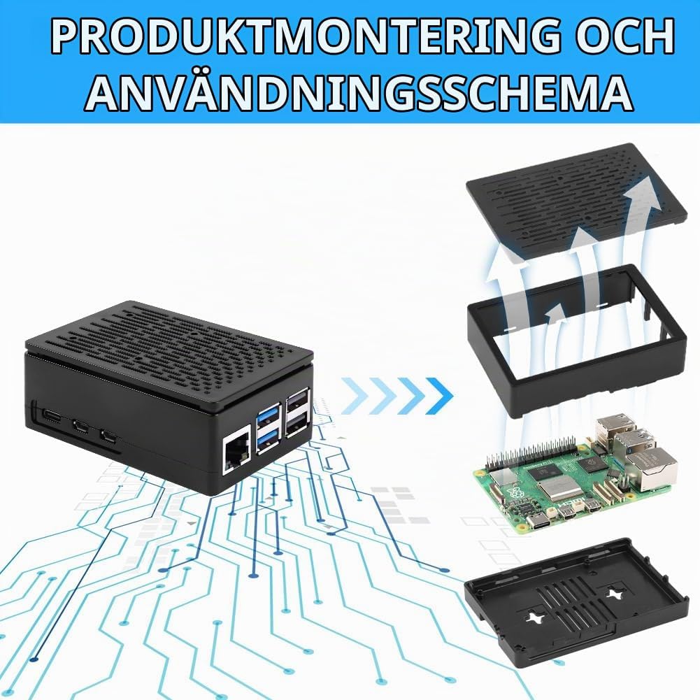 Detalle de Aolso Raspberry Pi 5-chassi i ABS med perforerad kylning och åtkomst till portar
