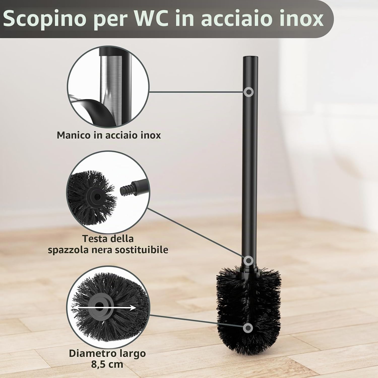 Detalle de Susswiff Piantana Portarotolo e Scopino – Porta Carta Igienica Nero con Vetro e Spazzolino WC, acciaio inox, in piedi