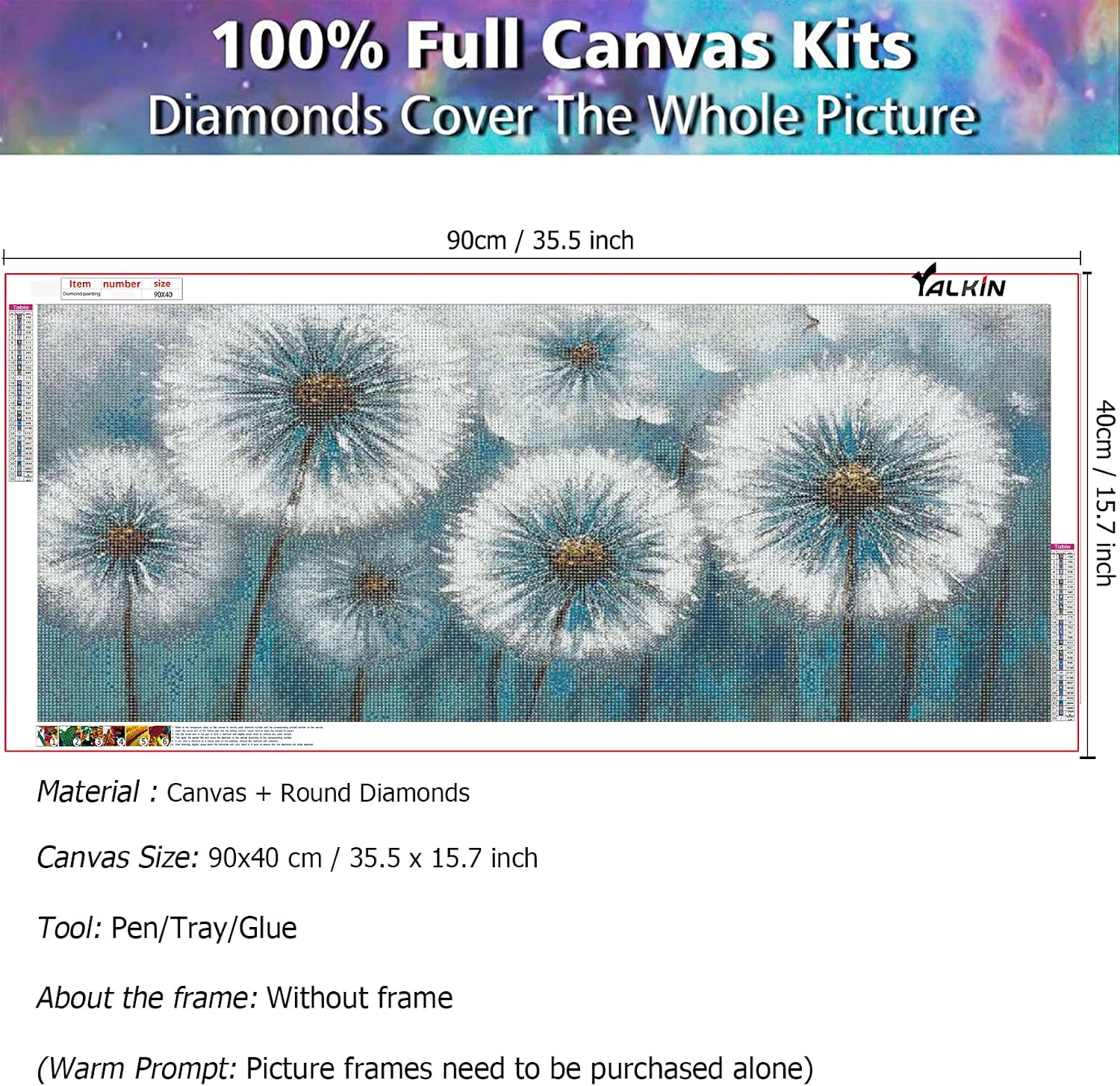 Detalle de YALKIN Floral Diamond Painting Kit for Adults, Full Round Drill, 35.5 x 15.7 inches