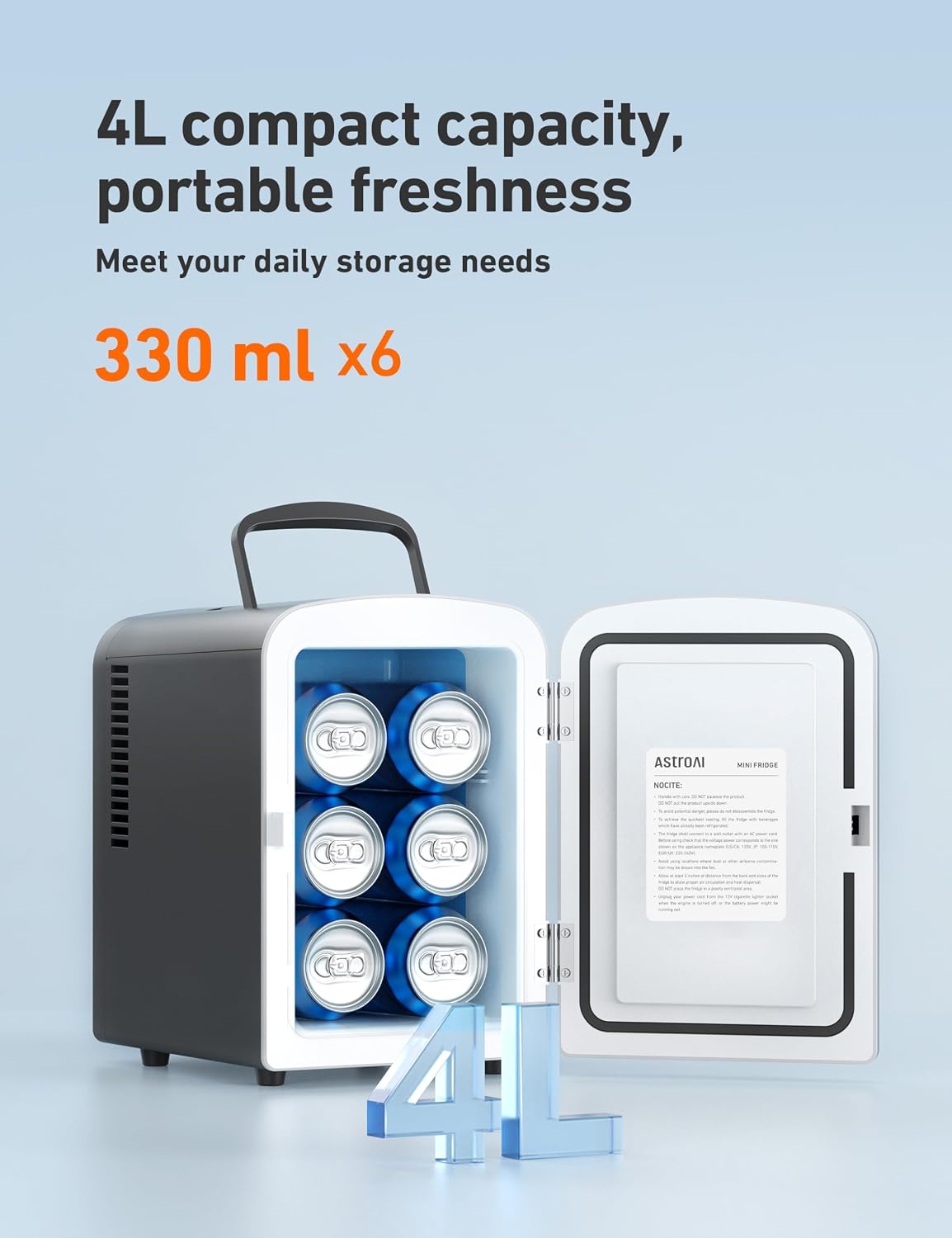 Detalle 2 de AstroAI Mini Fridge 4 Litre / 6 Can: Portable AC+DC Cooler (Black)