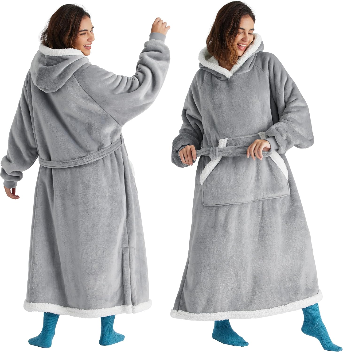 Detalle de Bedsure Long Sherpa Wearable Blanket Hoodie, Gray Standard with Belt and Pockets