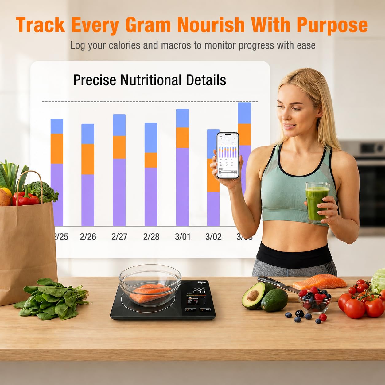 Detalle 2 de Diyife UKHMK27 Smart Food Scale with TFT Display and 25-Nutrient Tracking