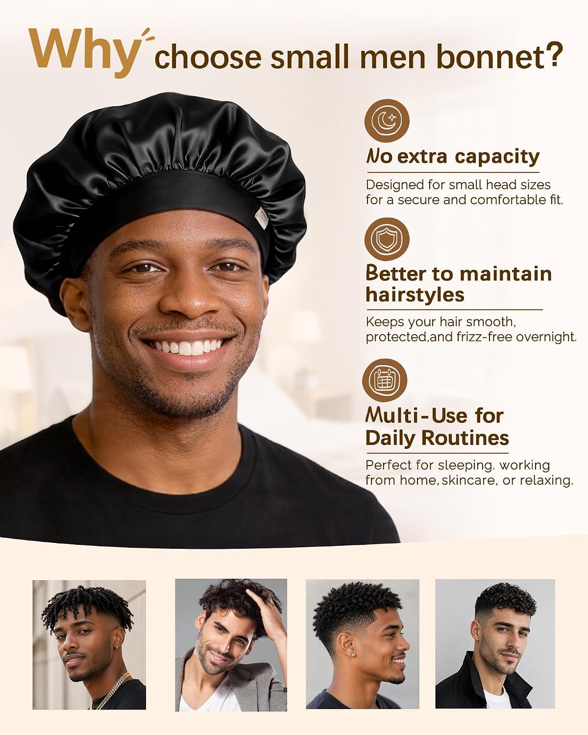 Detalle 2 de YANIBEST Small Satin Bonnet for Men, Double-Layer Night Cap with Stretchy Band