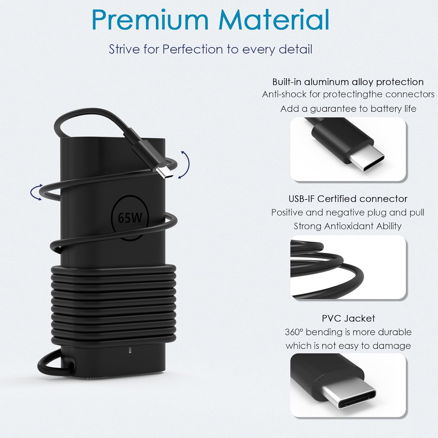 Detalle 2 de 65W USB-C Laptop Charger for Dell Latitude/XPS, Chromebooks and Inspiron – LA65NM190 Series