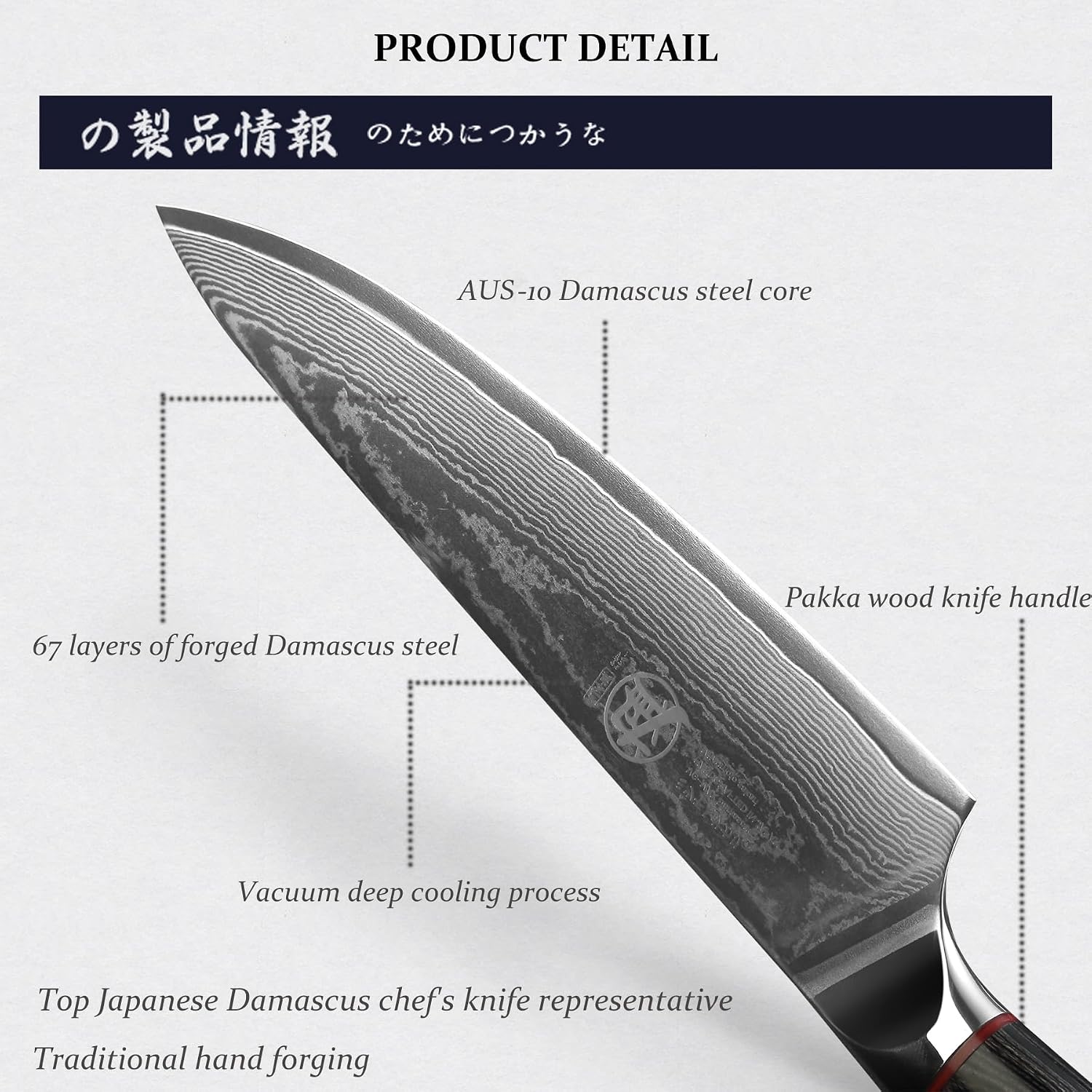 Detalle 1 de MITSUMOTO SAKARI MS-050-FR/IT Gyuto-koksmes 20 cm in AUS-10-damaststaal