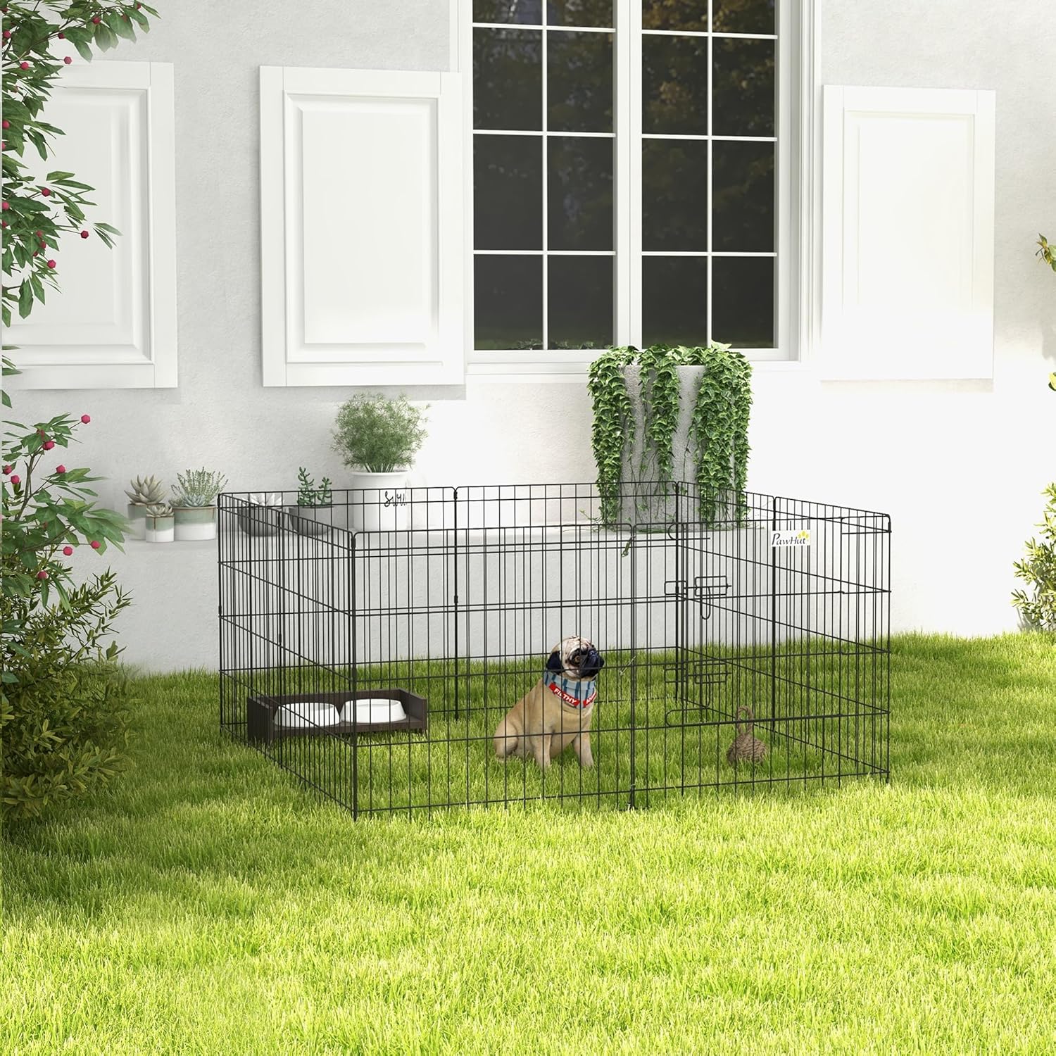 Detalle de Parc modulable PawHut pour chiens et petits animaux – 8 panneaux en métal noir, pliant et verrouillable (61 x 61 cm par panneau)
