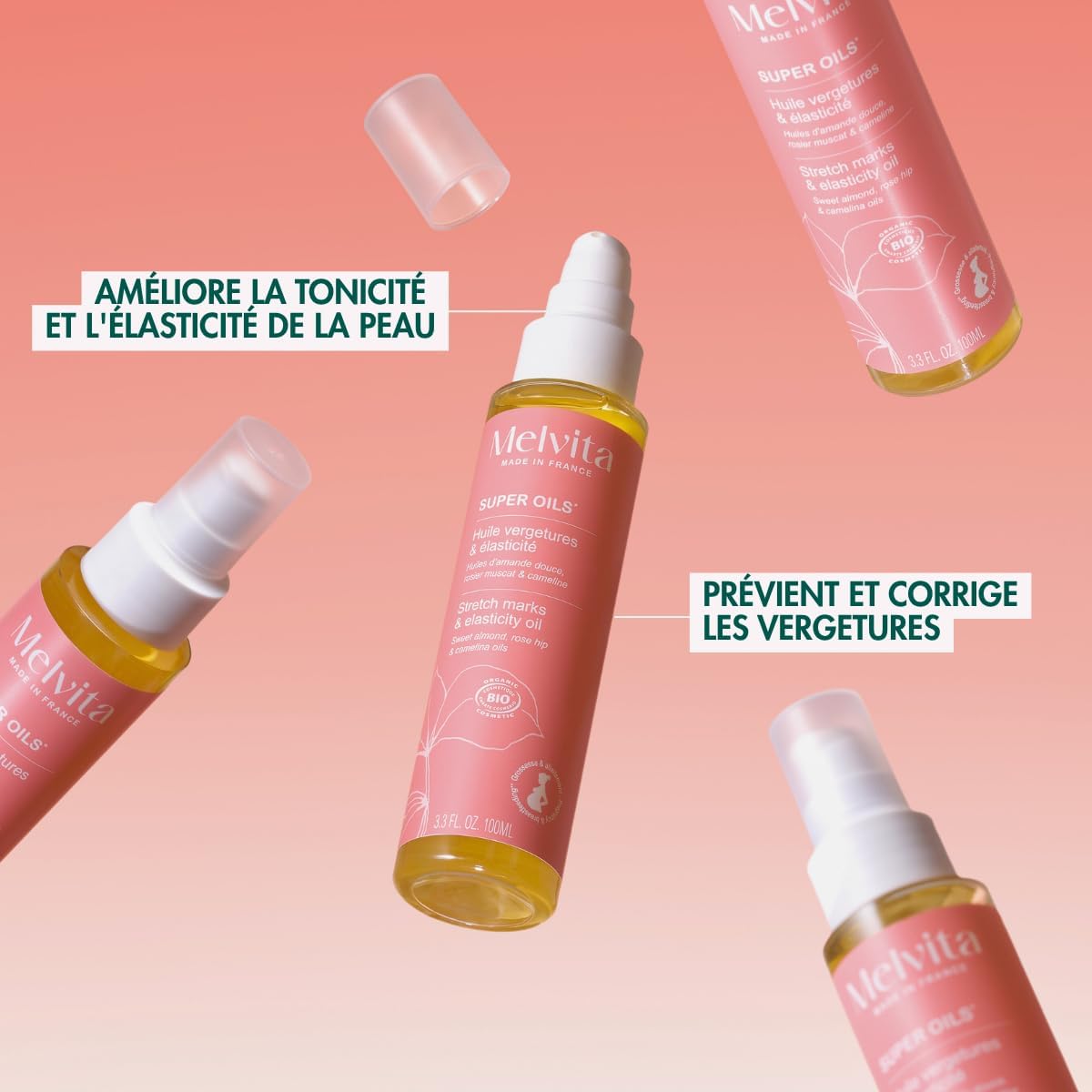Detalle de Melvita Huile pour Vergetures – Huiles Riches, soin corporel pour l’élasticité et la régénération (100 ml)