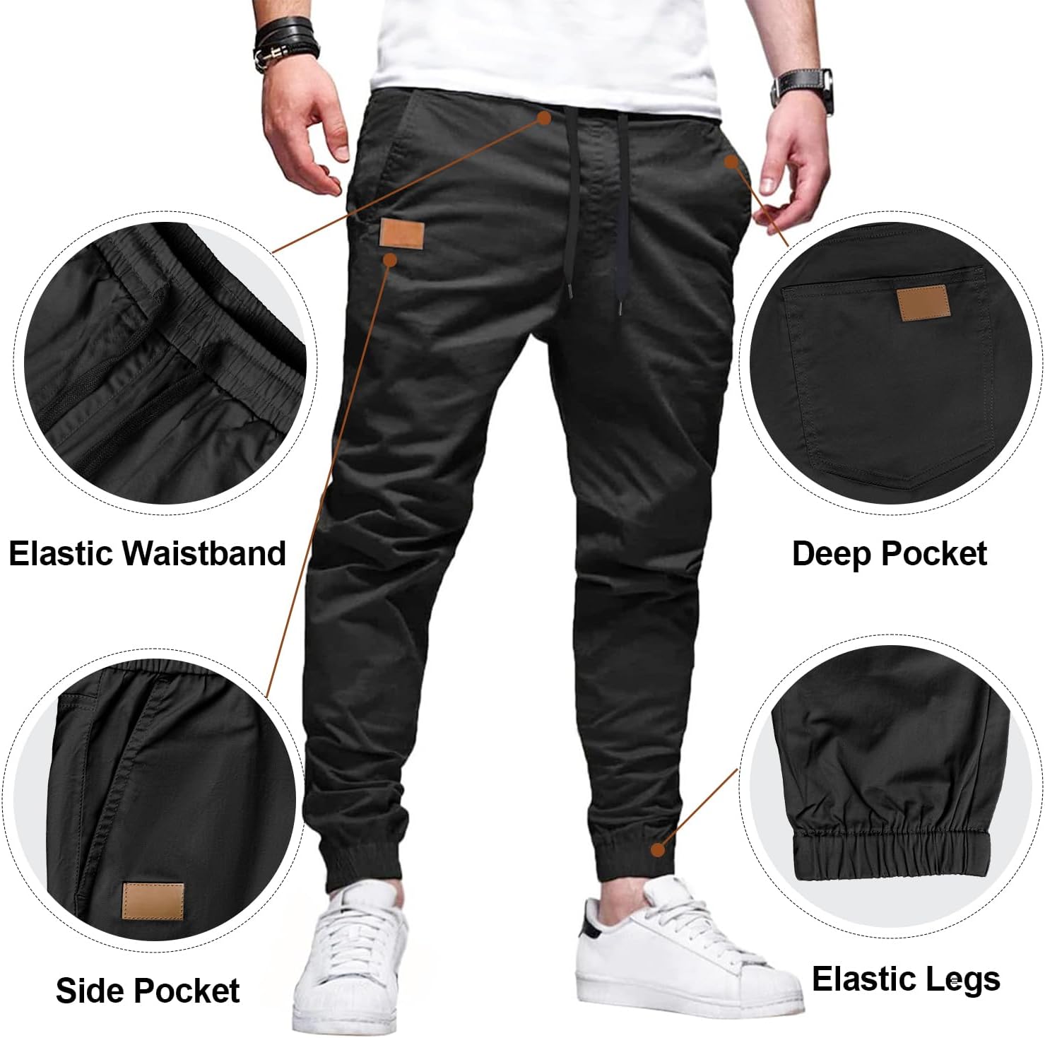 Detalle de PLEPAN Mens Casual Cargo Joggers — Cotton Drawstring Chino Pants for Hiking, Outdoor Twill & Everyday Training