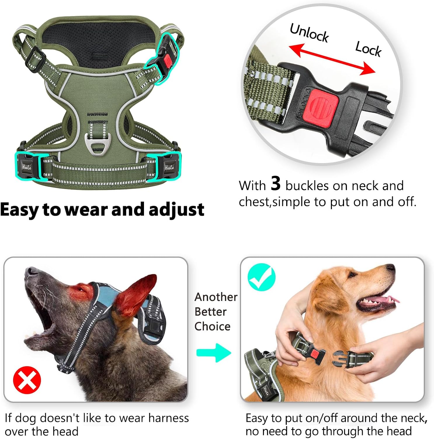 Detalle de HEELE Dog Harness No Pull Medium with Neck Release and Front/Back Leash Rings