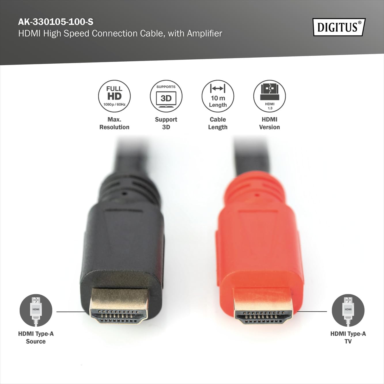 Thumbnail 1 de DIGITUS HDMI High Speed Anschlusskabel Typ A St/St 10,0 m mit Signalverstärker – Full HD 1080p/60Hz, vergoldete Kontakte, Schwarz