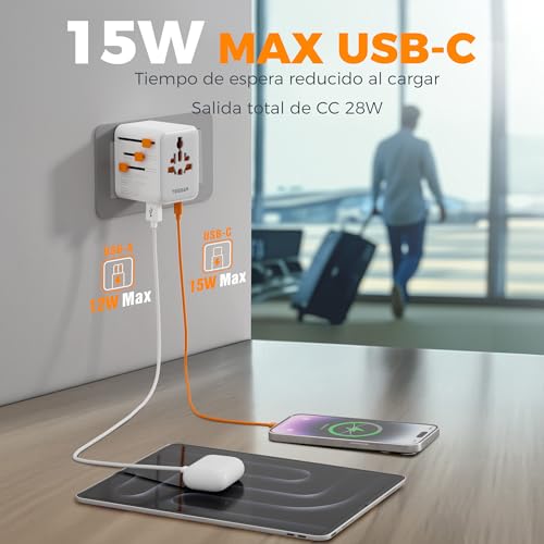 Detalle de TESSAN Adaptador universal de viaje con 3 USB-C, 2 USB-A y toma AC