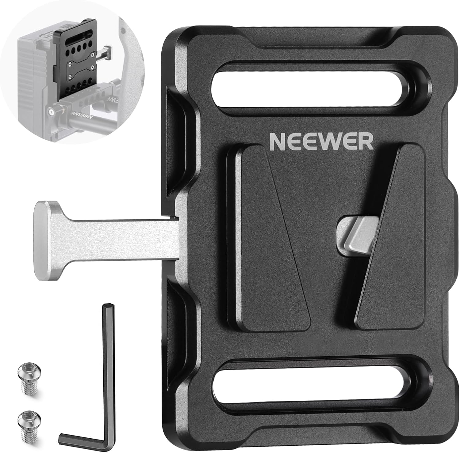Detalle de NEEWER Plaque de batterie mini V Mount PS005 avec bouton de dégagement rapide et filetage 1/4
