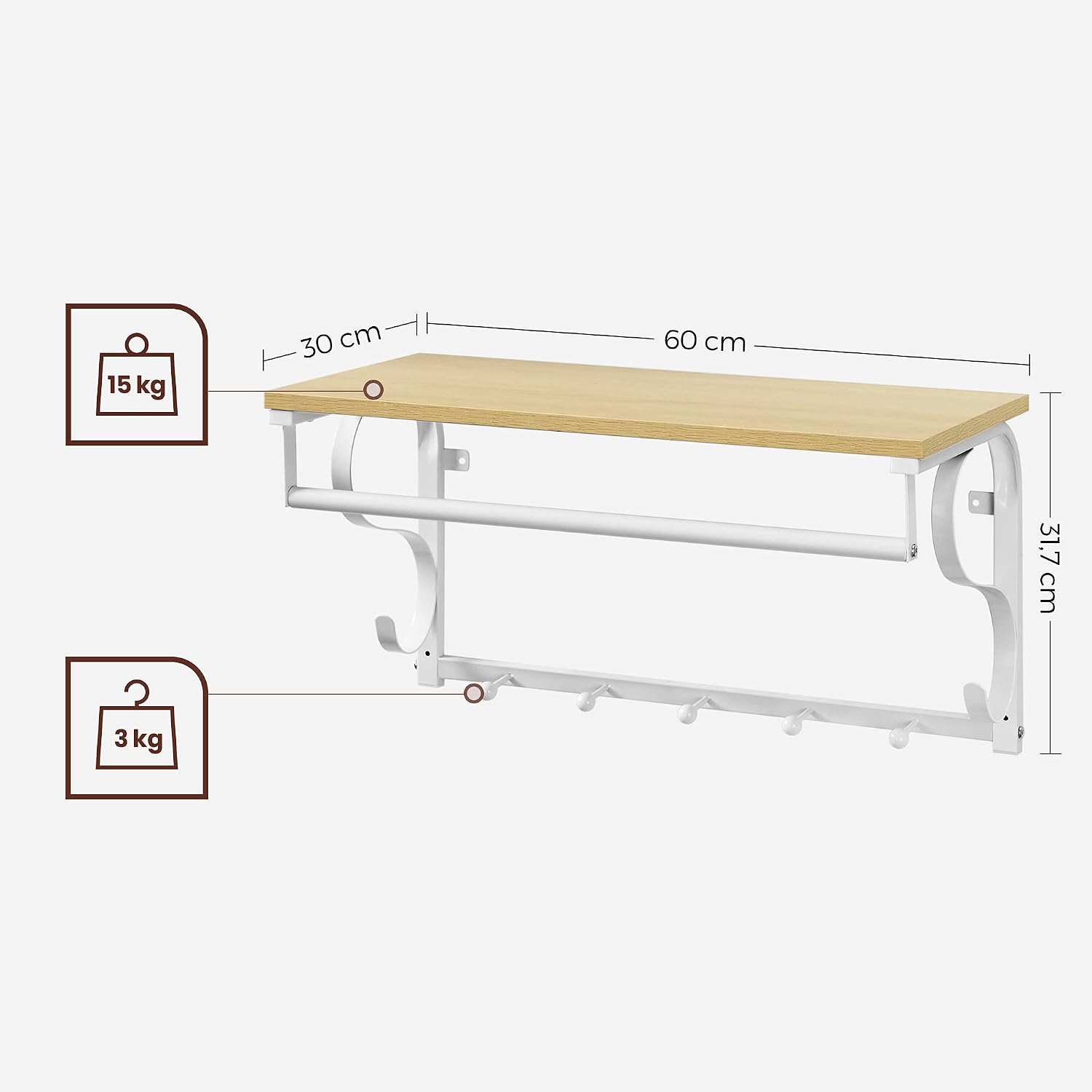 Thumbnail 6 de VASAGLE COLEX LCR11WY Wall-Mounted Coat Rack with Shelf, Rail and 5 Hooks